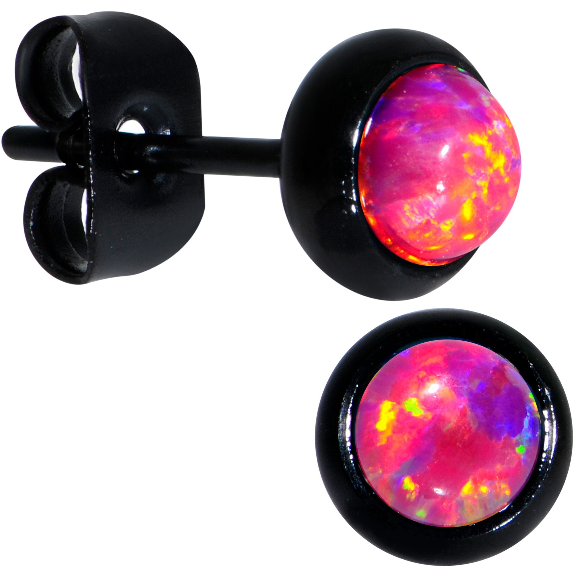 Red Synthetic Opal Black IP 316L Surgical Steel Stud Earrings