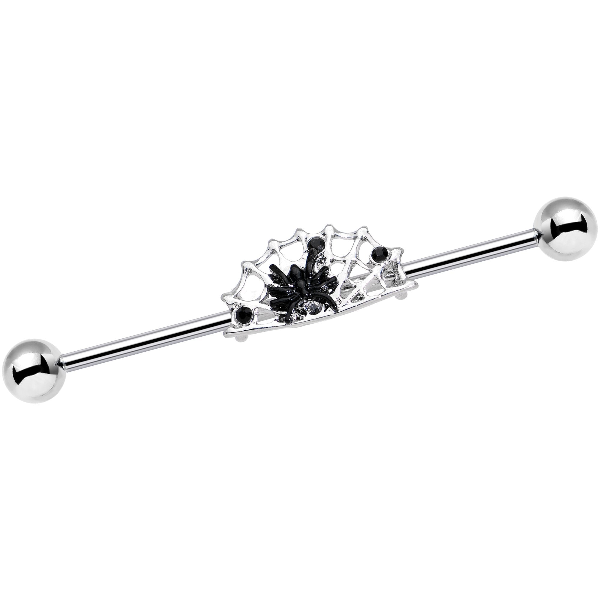 Black Gem Black Spider on Web Halloween Industrial Barbell 38mm