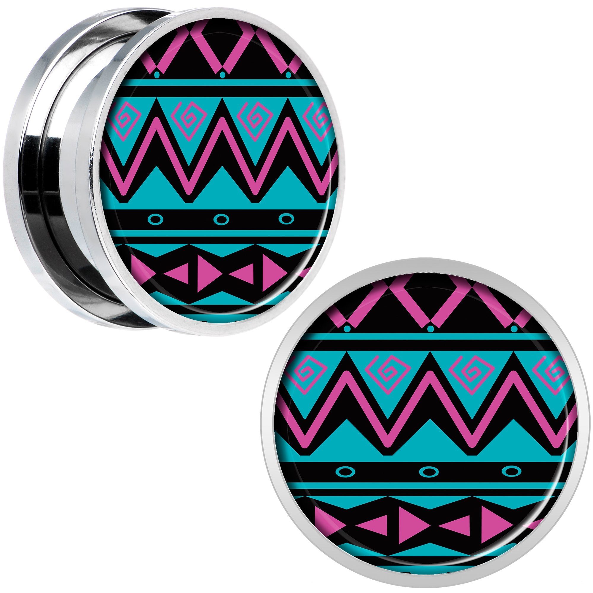 Pink Teal Tribal Print Steel Screw Fit Plug Set 18mm