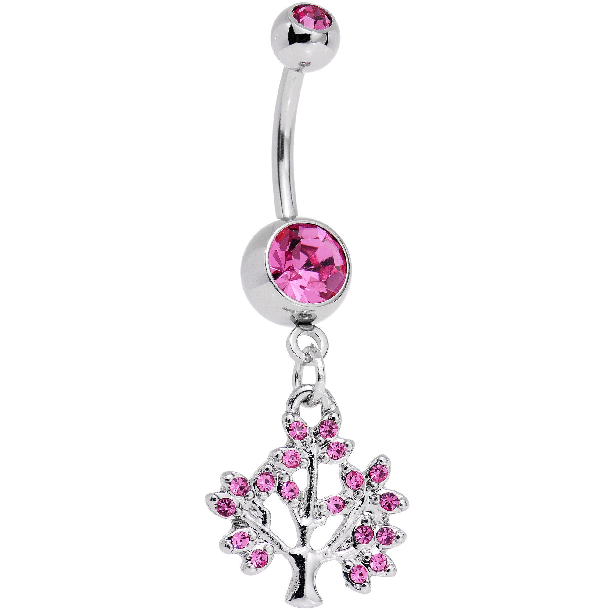 Pink Gem Steel Tree of Life Dangle Belly Ring