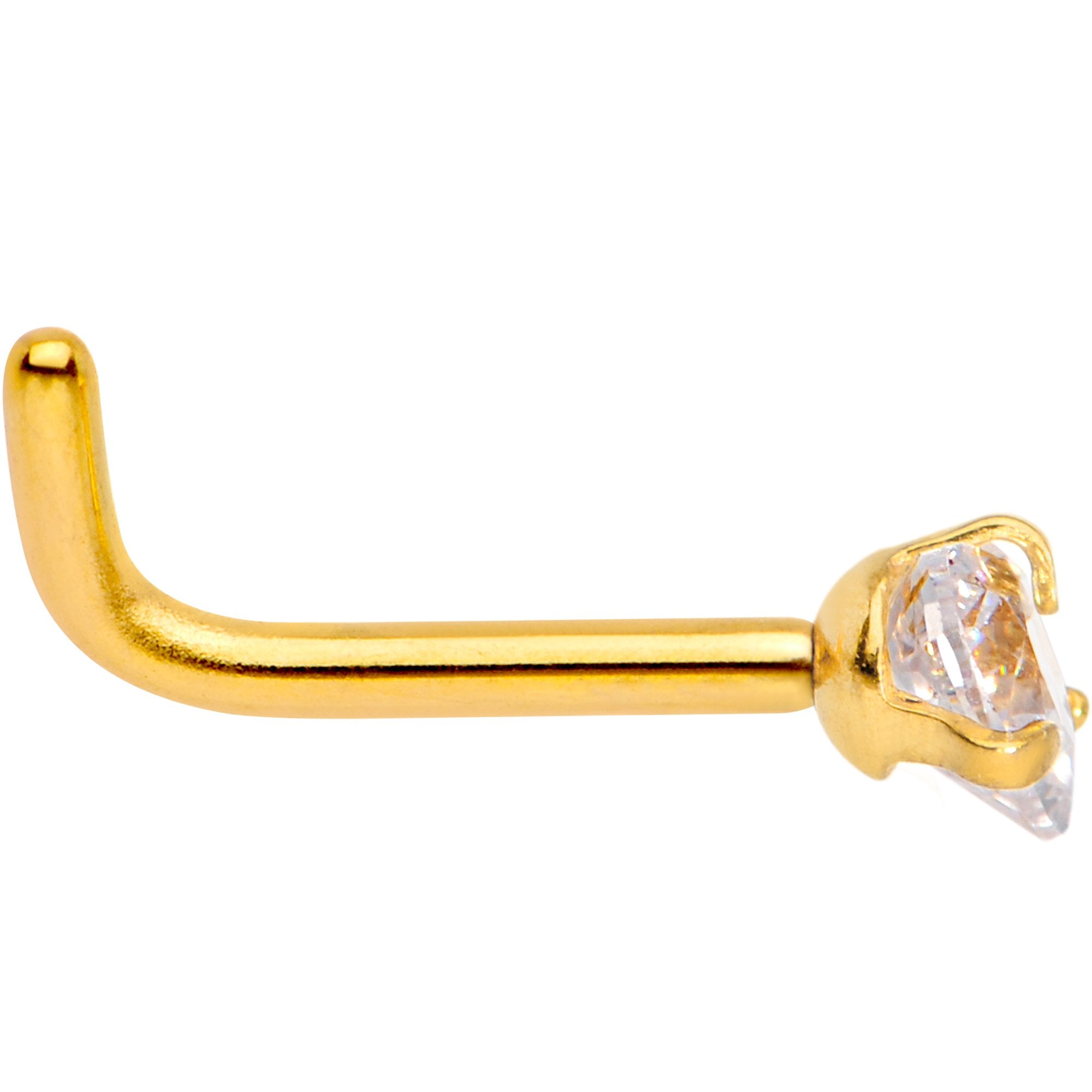 18 Gauge 1/4 Clear Heart 3mm CZ Gem Gold IP L-Shape Nose Ring