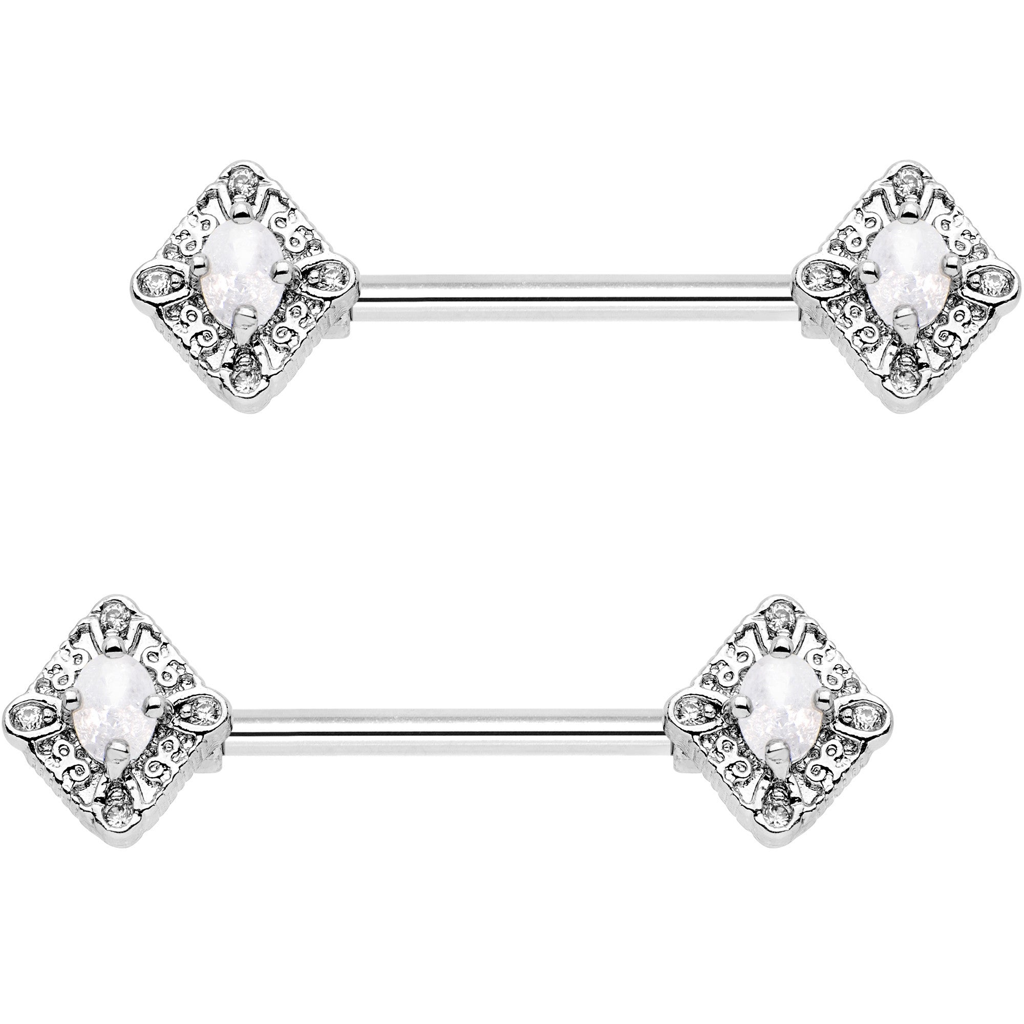 9/16 Clear White Gem Rococo Rhombus Barbell Nipple Ring Set