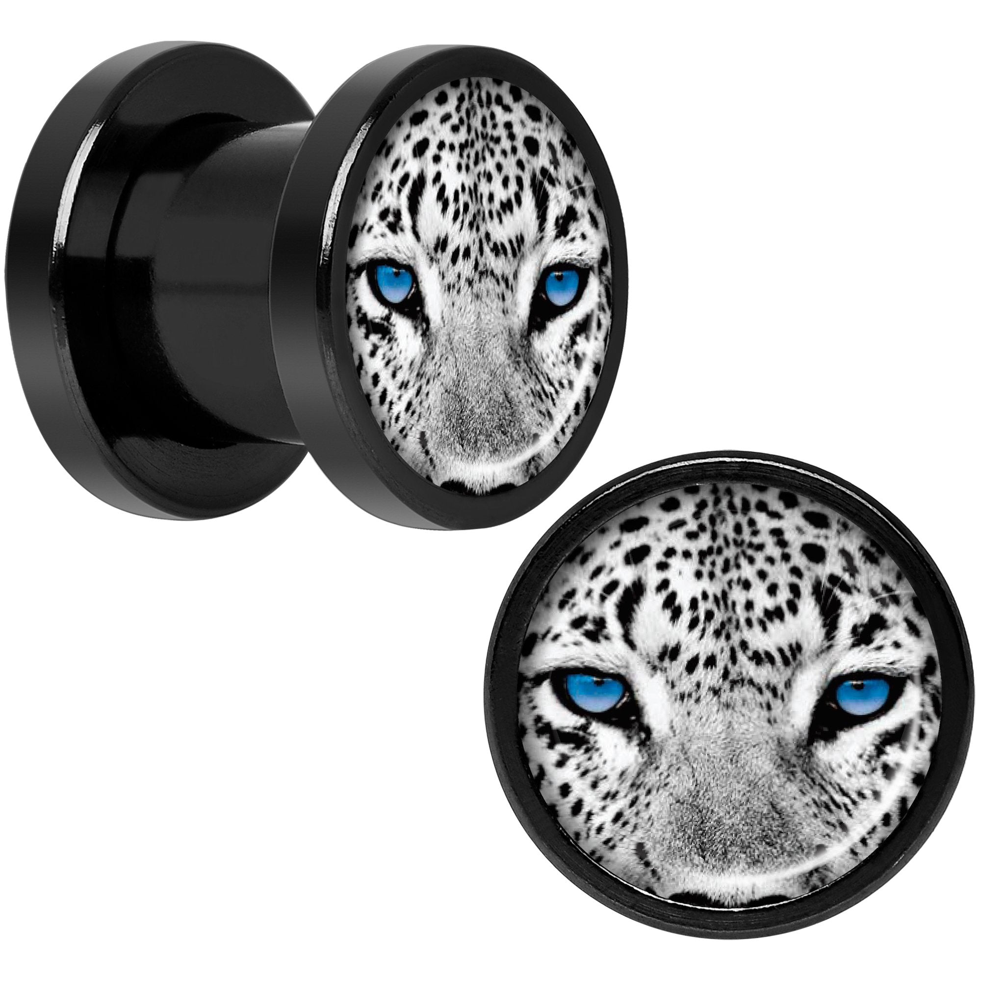 Black White Leopard Eyes Black Anodized Screw Fit Plug Set 0 Gauge