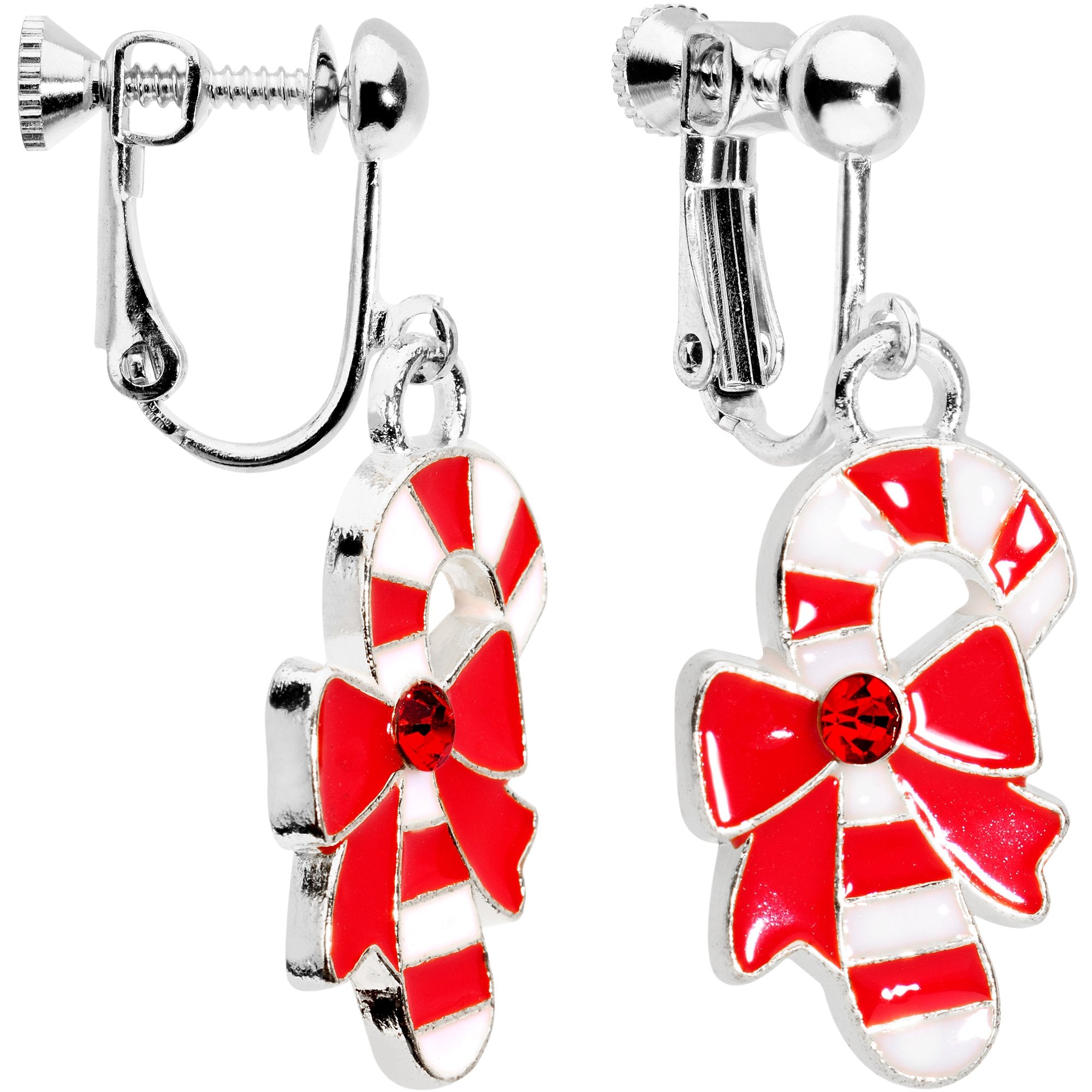 Red CZ Gem Silver Plated Bow Candy Cane Clip On Earrings