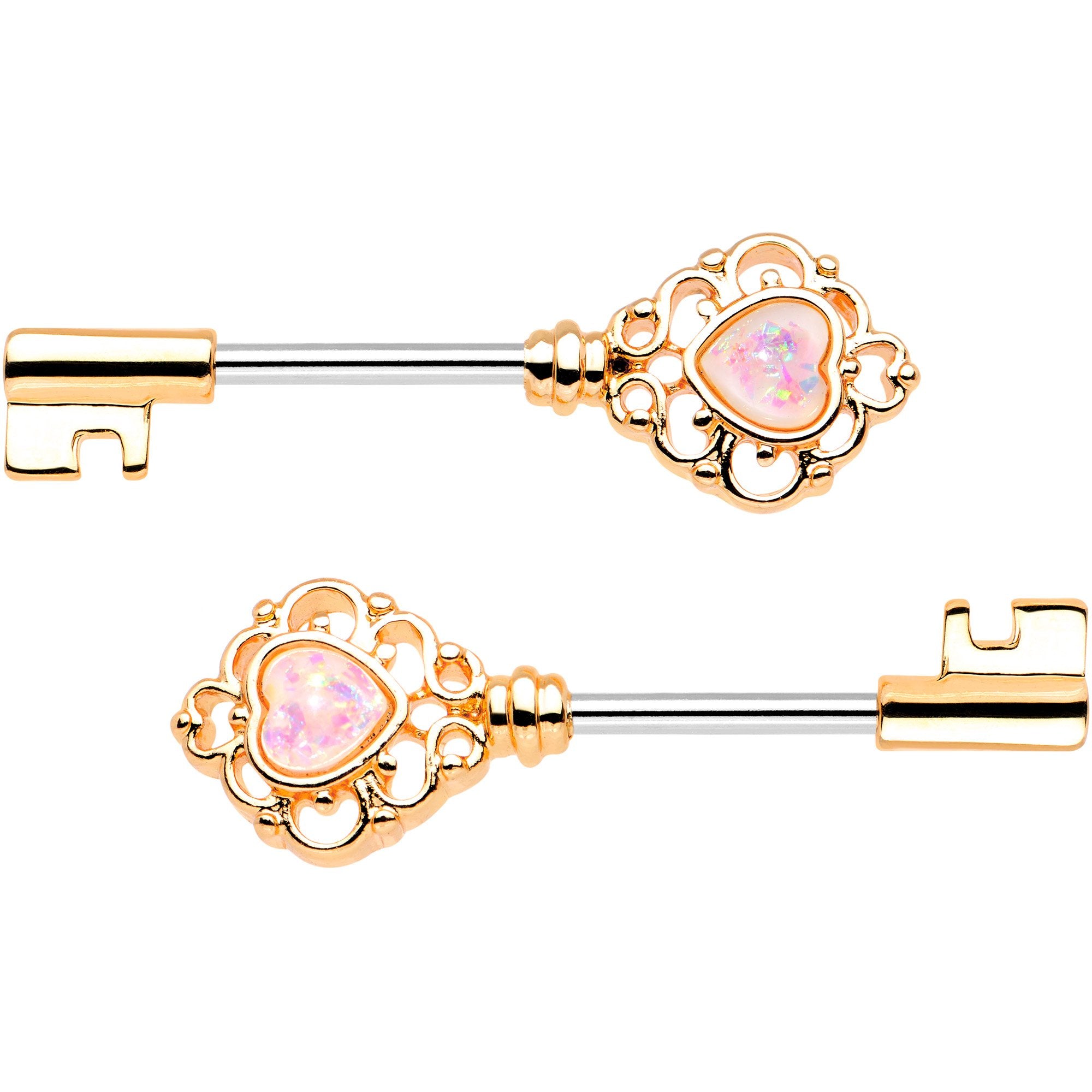 1/2 Pink Faux Opal Gold Tone Heart Key Barbell Nipple Ring Set