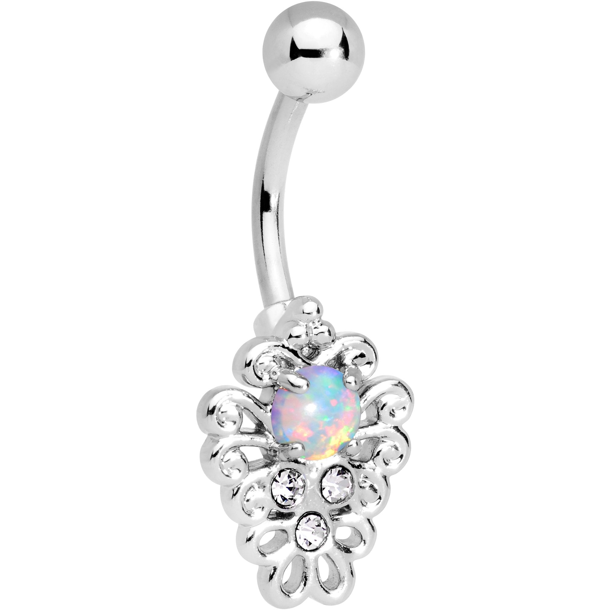 White Synthetic Opal Filigree Pendant Belly Ring