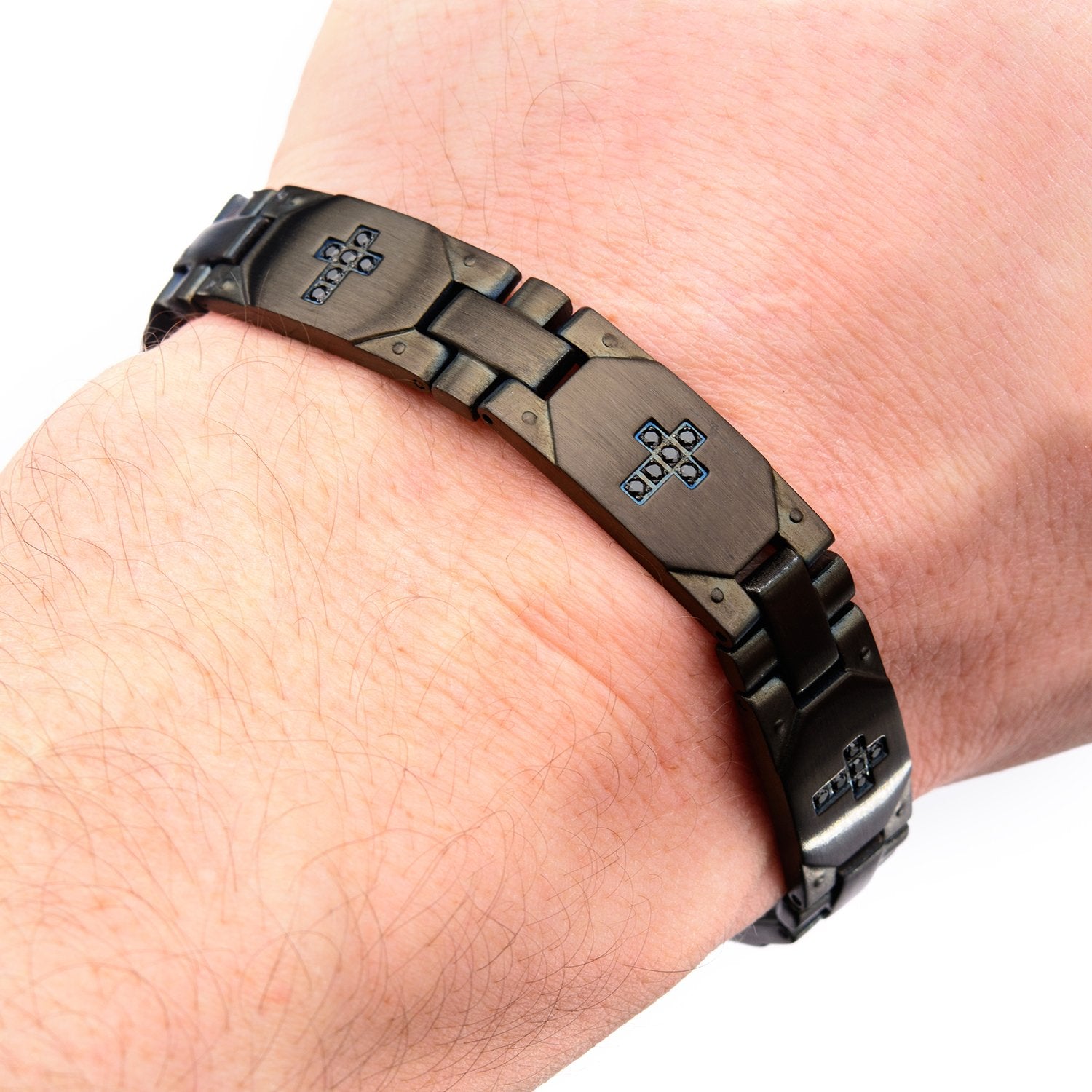 Mens Stainless Steel Black IP with Black CZ Cross Link Bracelet