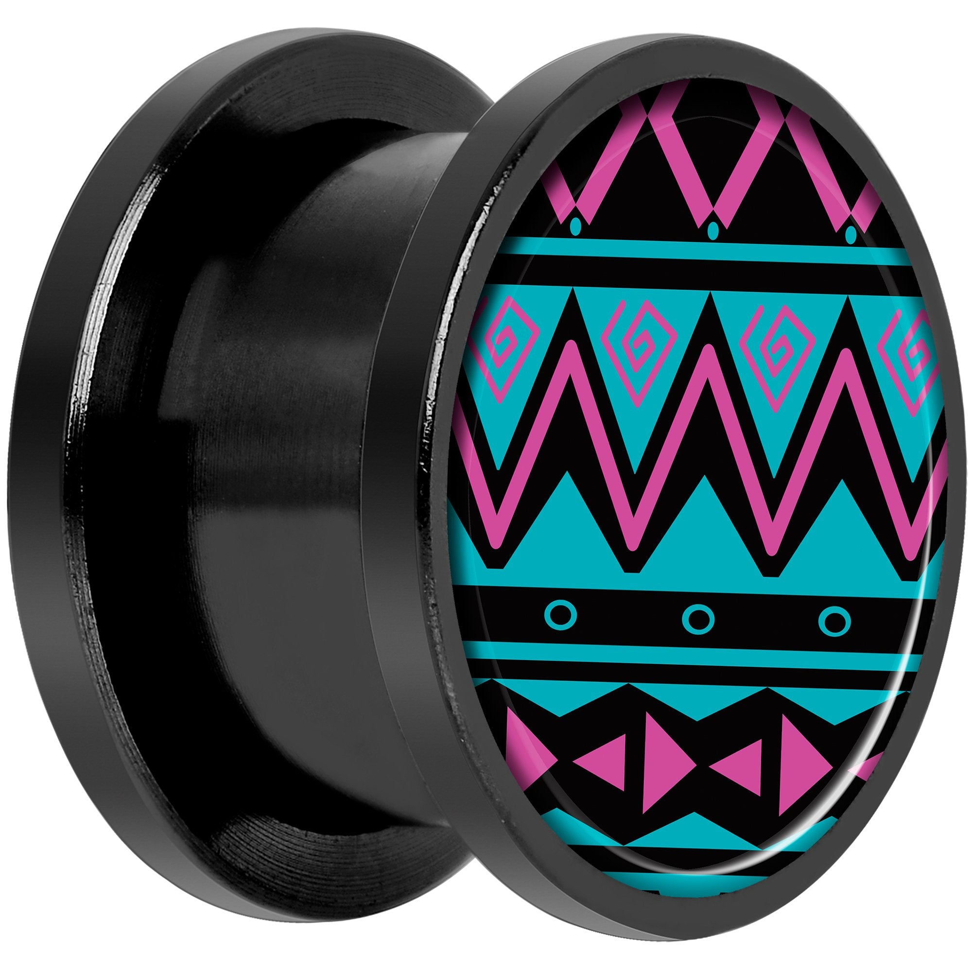 Pink Teal Tribal Print Black Anodized Screw Fit Plug Set 9/16