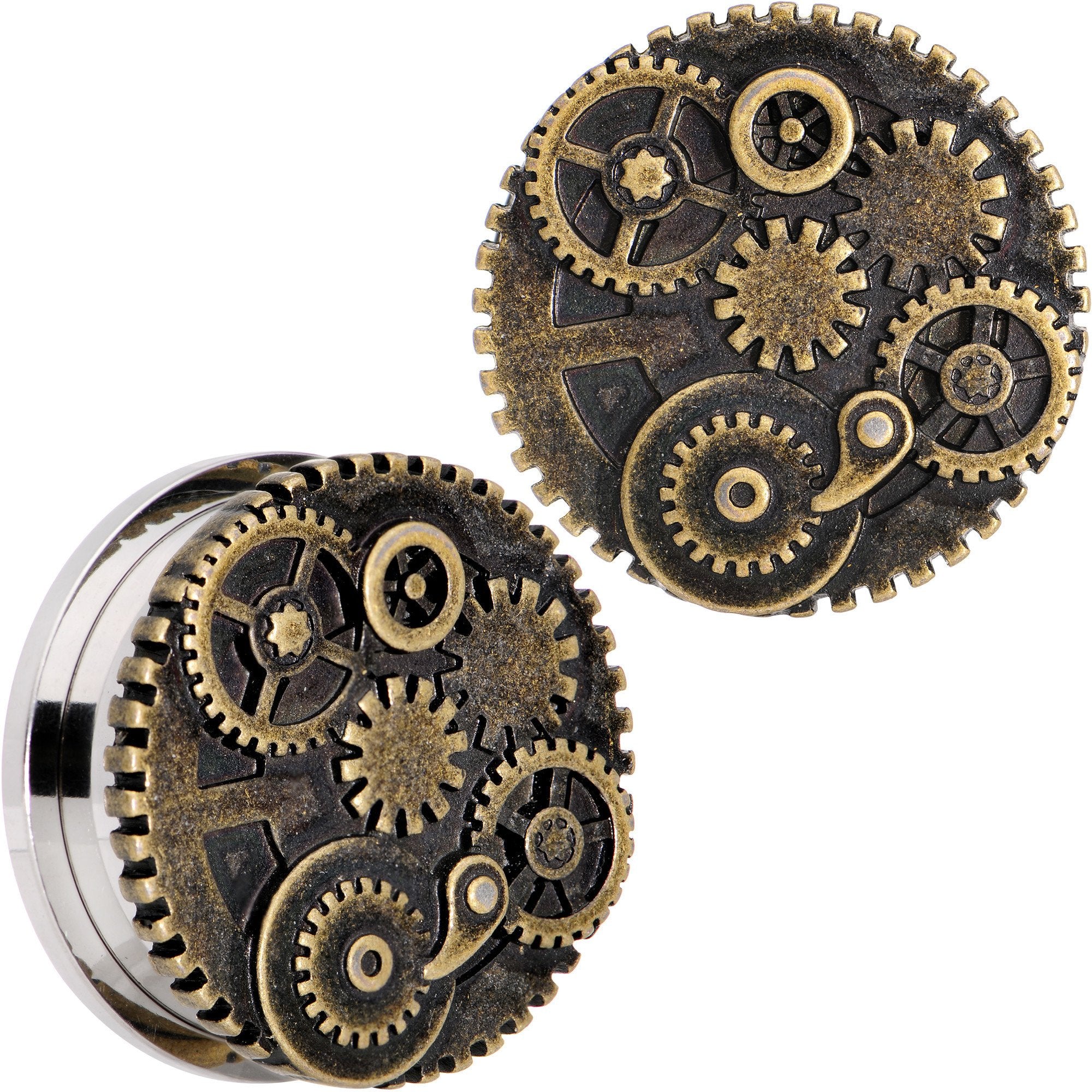 Steampunk Gears and Gizmos Screw Fit Tunnel Plug Set 2 Gauge to 1 Inch