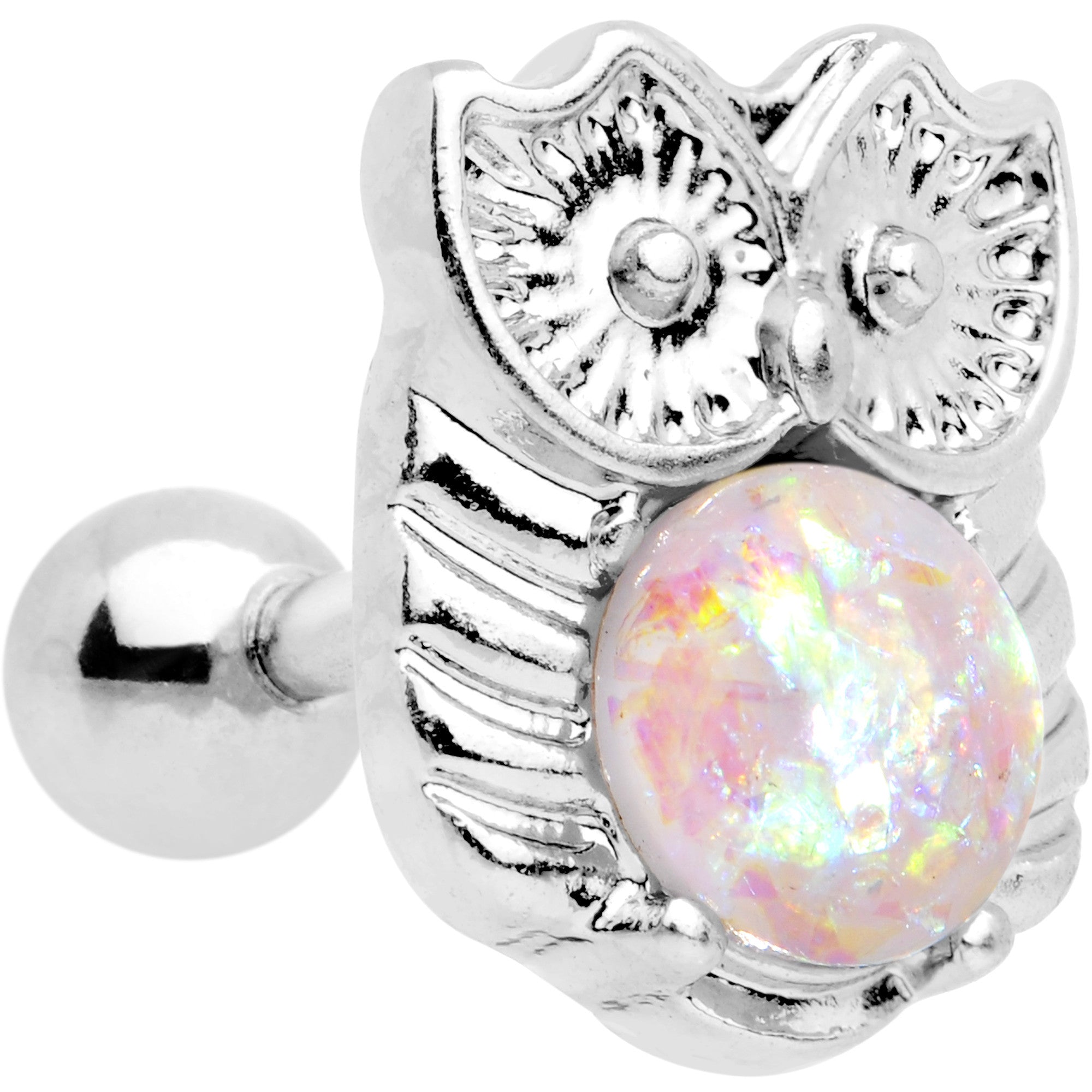 16 Gauge 1/4 White Faux Opal Guardian Owl Cartilage Tragus Earring