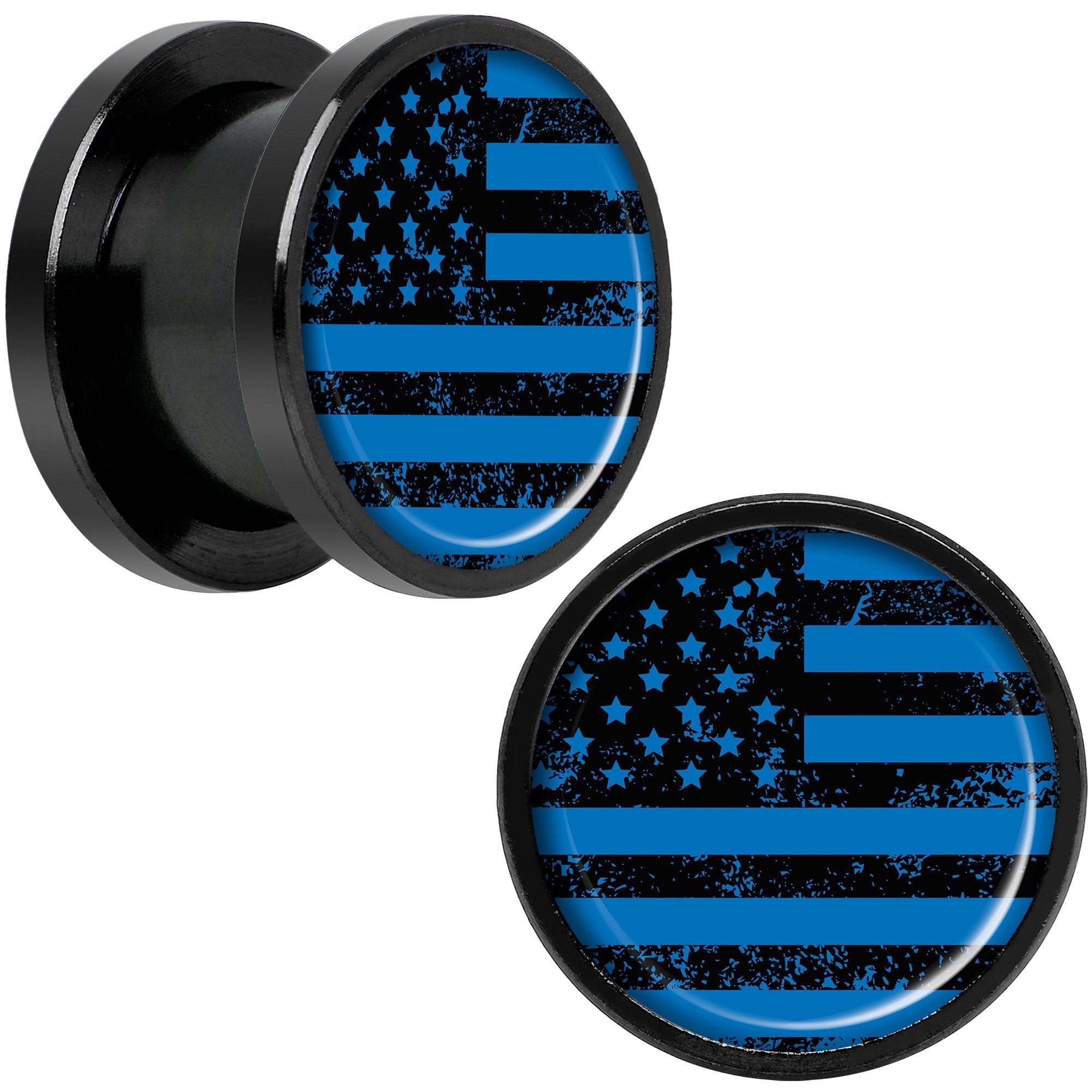 Blue American Flag Black Anodized Screw Fit Plug Set 1/2