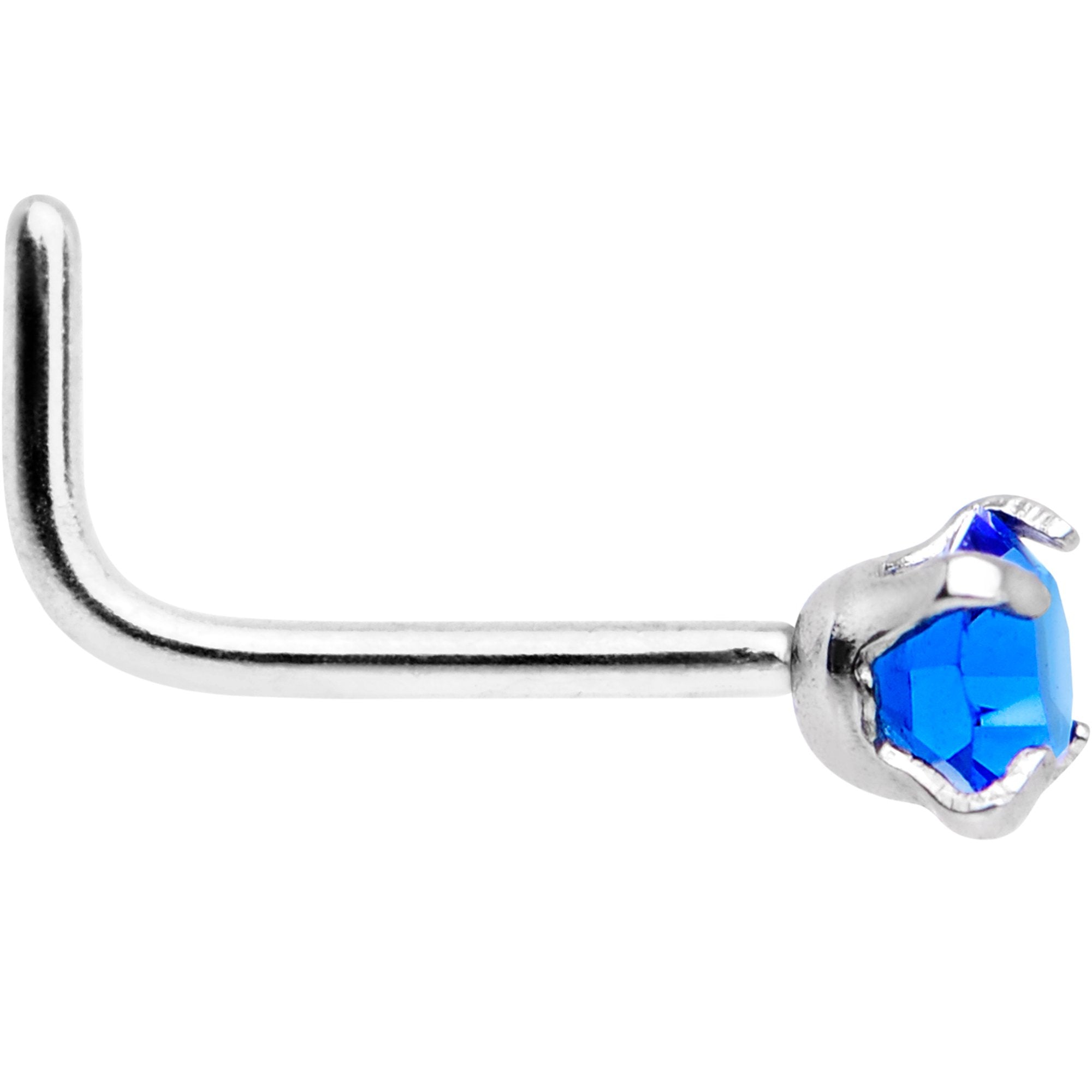 20 Gauge 1/4 Blue 3mm CZ Gem Steel L-Shape Nose Ring