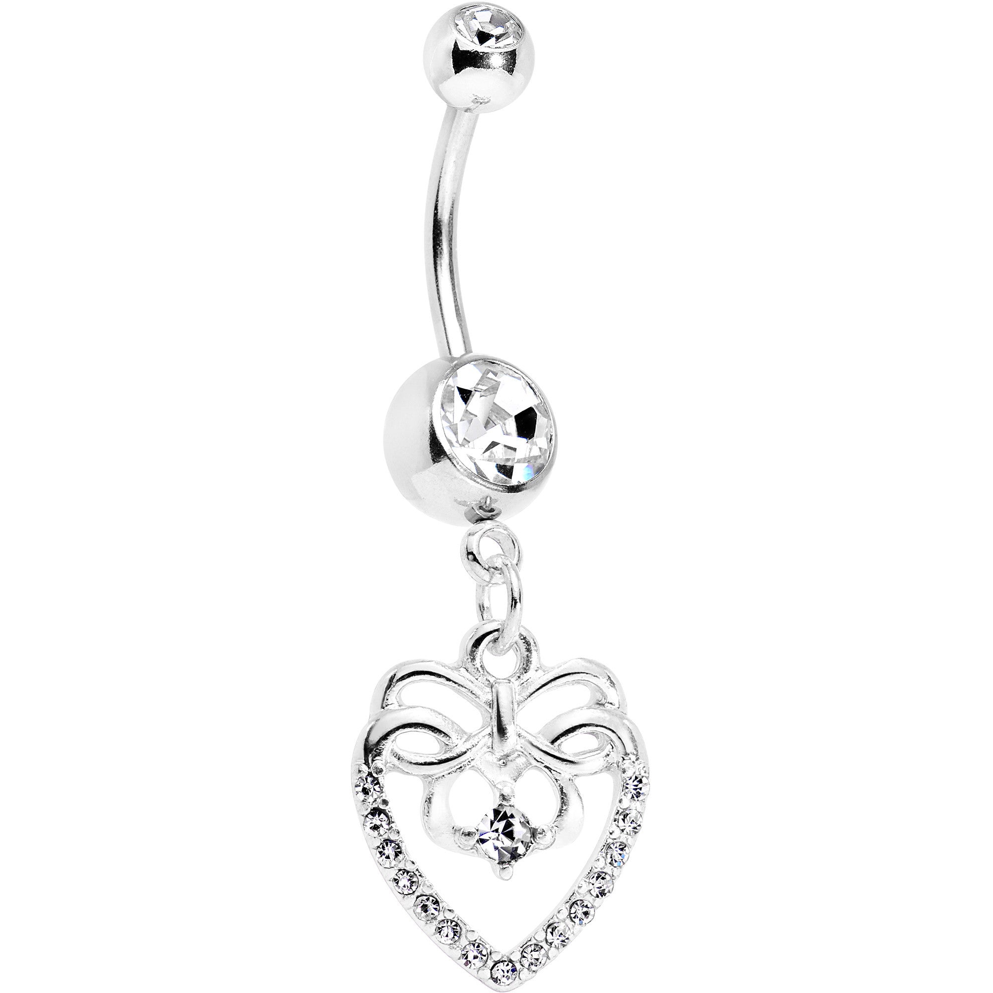Clear CZ Gem Bow Heart Dangle Belly Ring