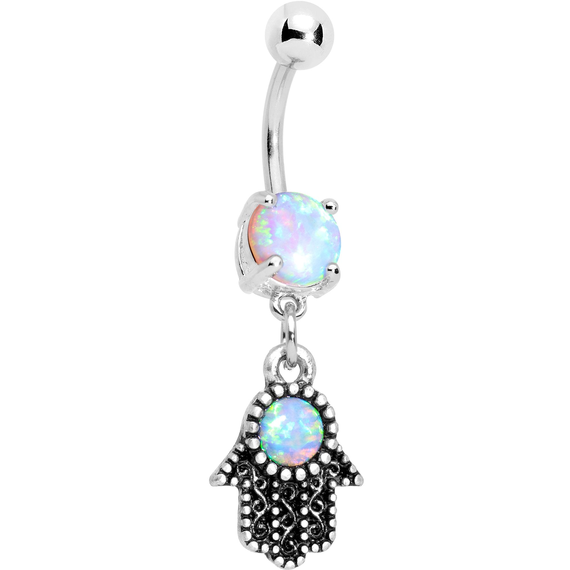 White Synthetic Opal Hamsa Hand Dangle Belly Ring