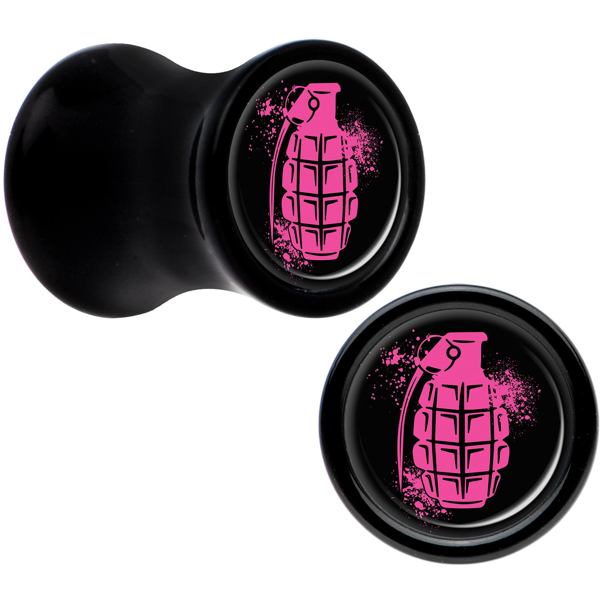 Black Acrylic Pink Grenade Saddle Plug Set 2 Gauge