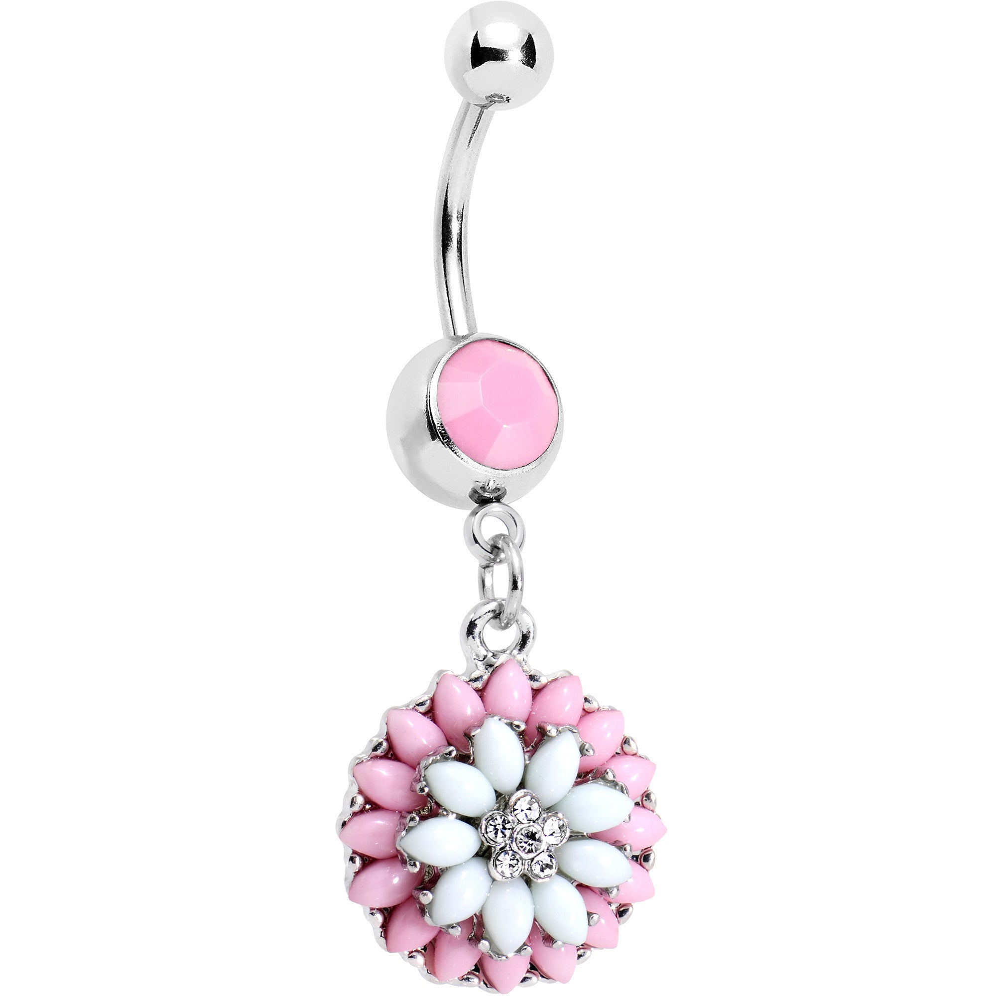 Clear Gem Pink White Orb Power of the Flower Dangle Belly Ring