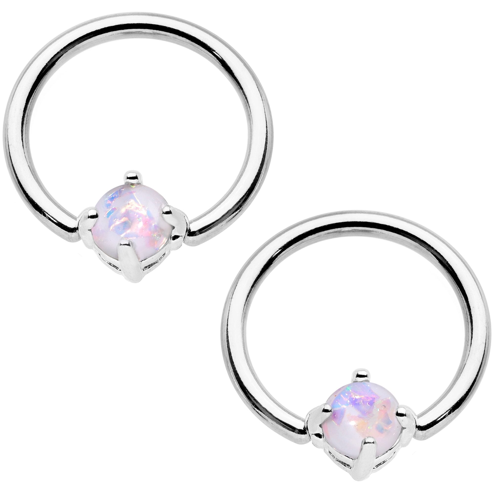 14 Gauge White Faux Opal BCR Captive Ring Barbell Nipple Ring Set