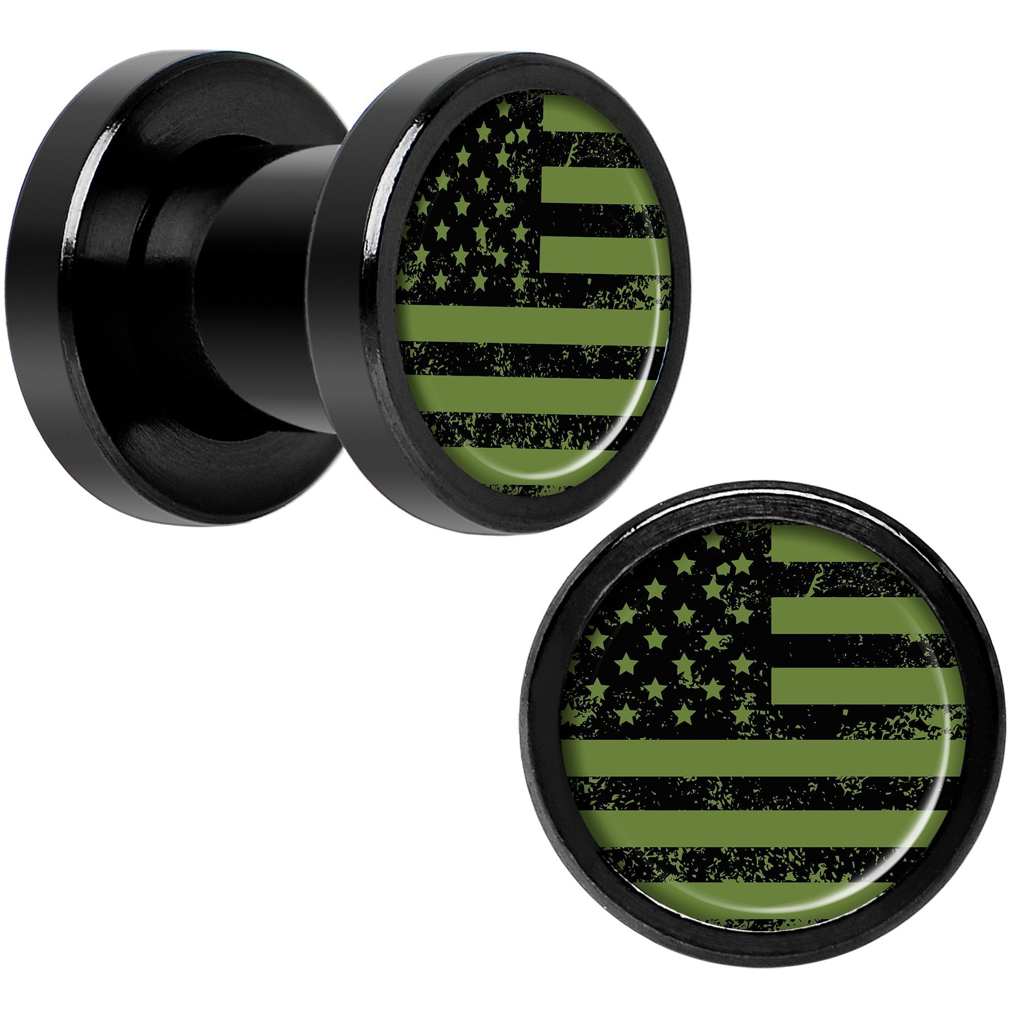 Green American Flag Black Anodized Screw Fit Plug Set  5mm to 20mm