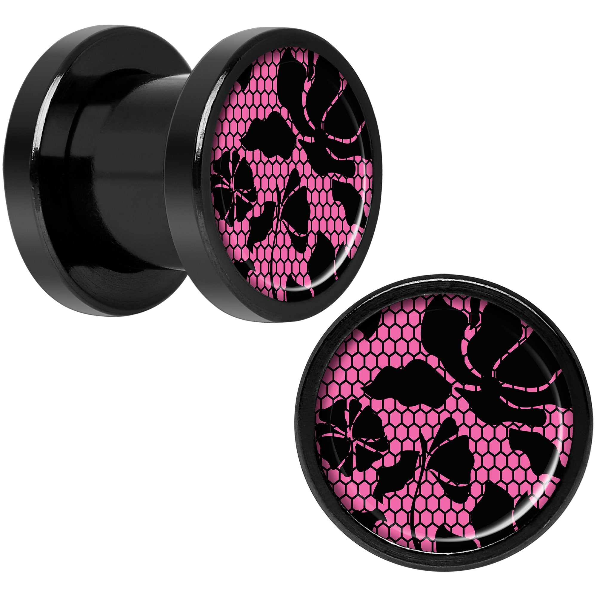 Pink Floral Lace Black Anodized Screw Fit Plug Set 0 Gauge