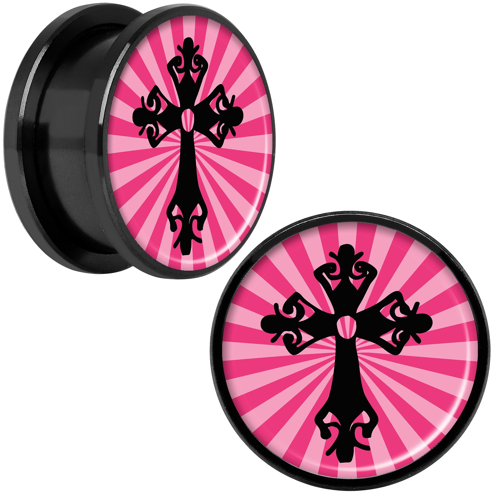 Pink Black Radiant Cross Black Anodized Screw Fit Plug Set 18mm