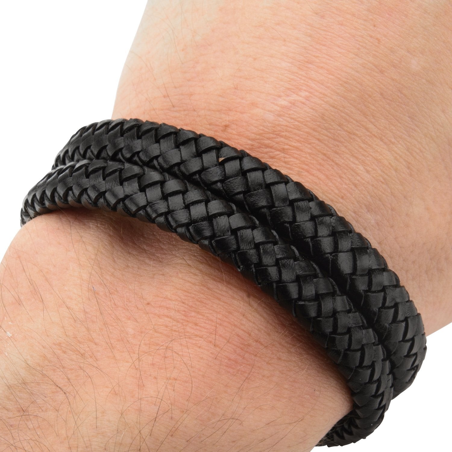 Mens Black Braided Leather Double Strap 3mm Bracelet