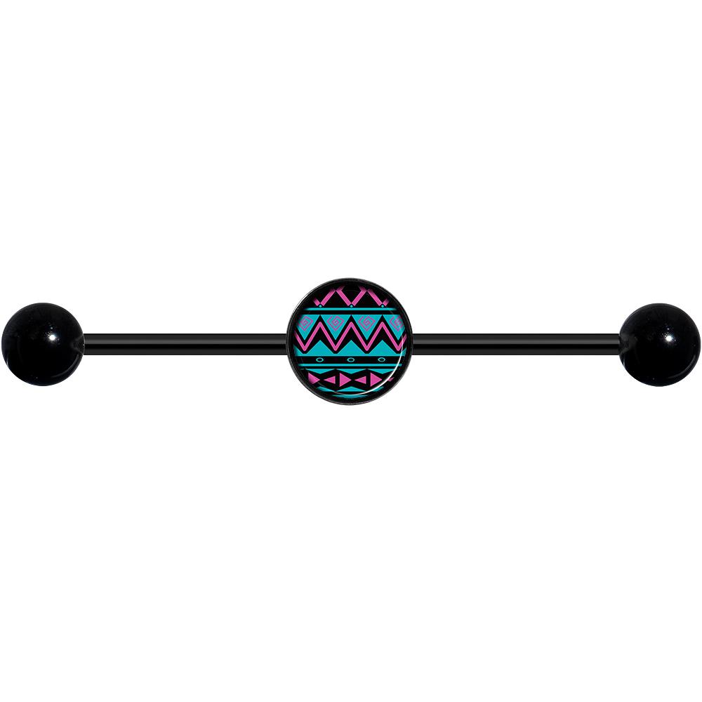 14 Gauge Pink Teal Tribal Pattern Black Industrial Barbell 37mm