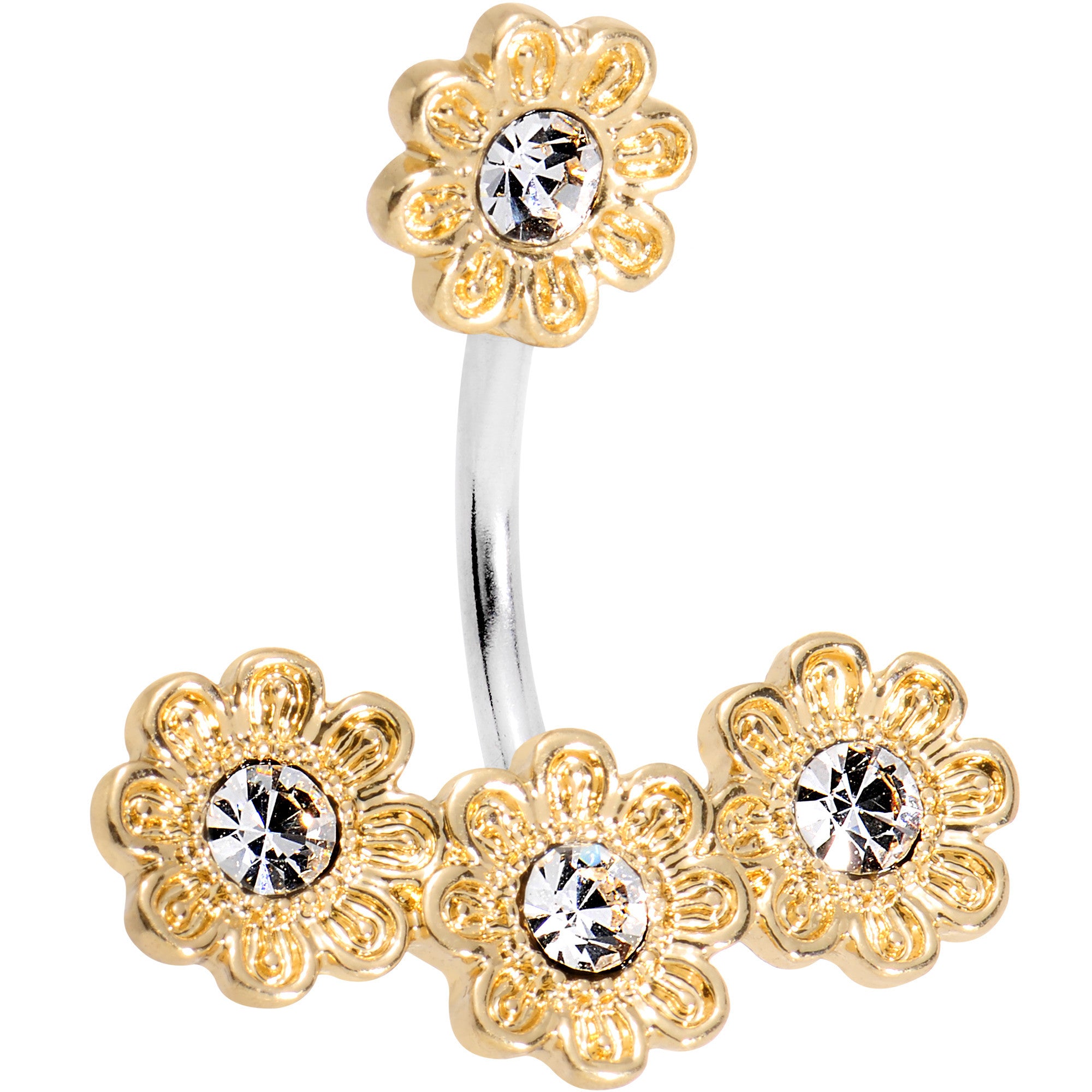 Clear Gem Golden Flower Power Double Mount Belly Ring