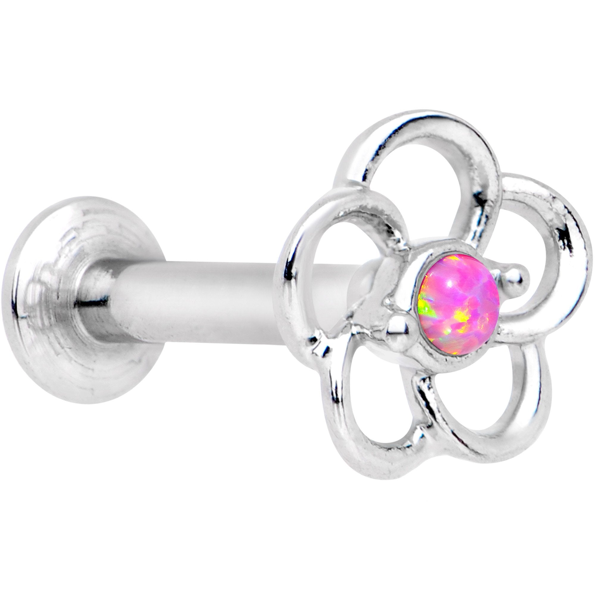 1/4 Pink Faux Opal Internally Threaded Hollow Flower Labret Monroe