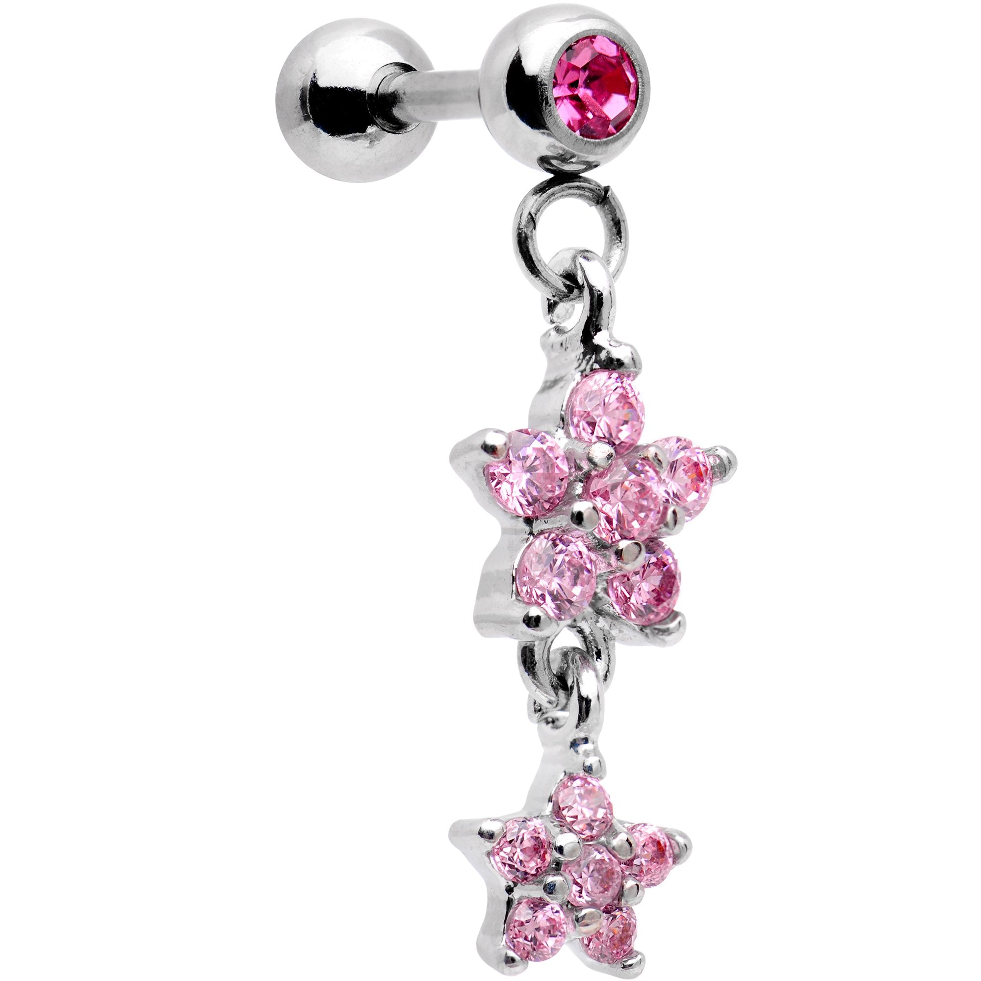 16 Gauge 1/4 Pink Gem Double Star Dangle Cartilage Tragus Earring