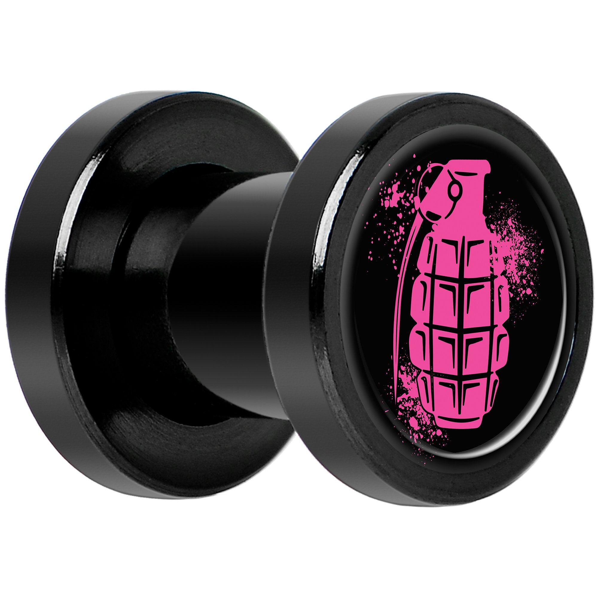 Pink Grenade Black Anodized Screw Fit Plug Set 2 Gauge