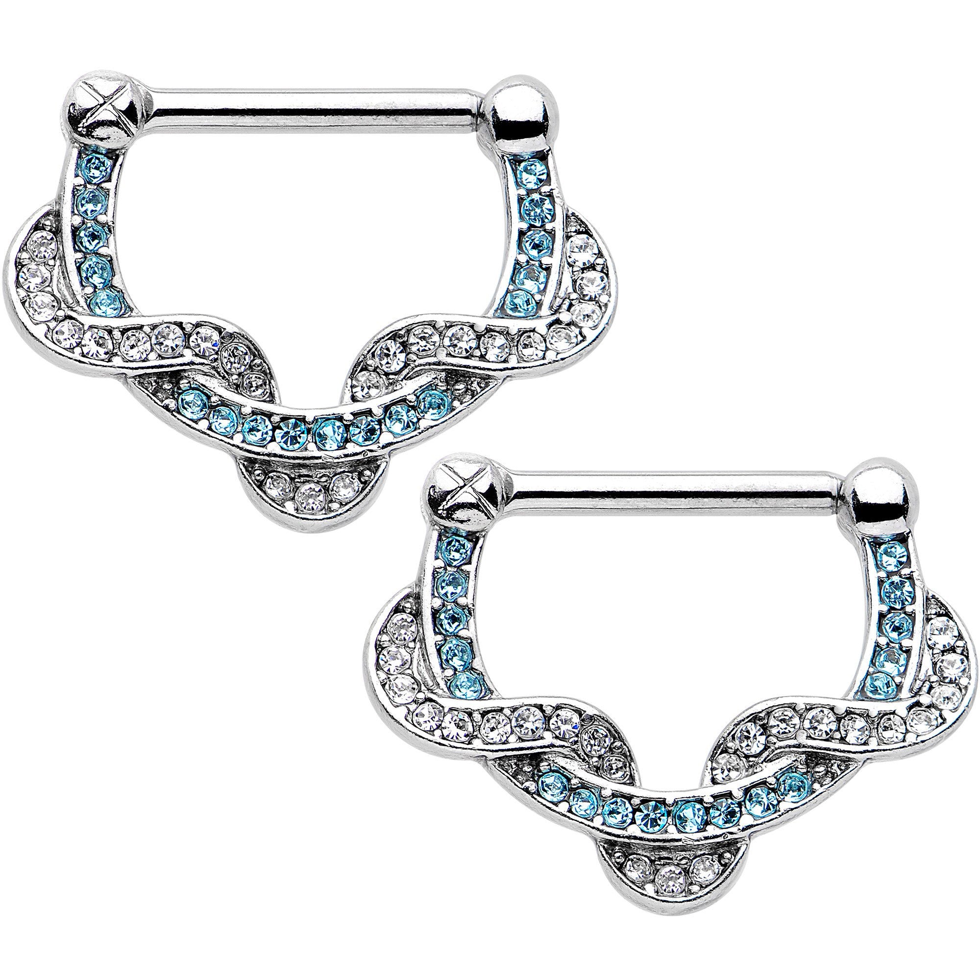 14 Gauge 3/8 Aqua Gem Twist of Love Nipple Clicker Set