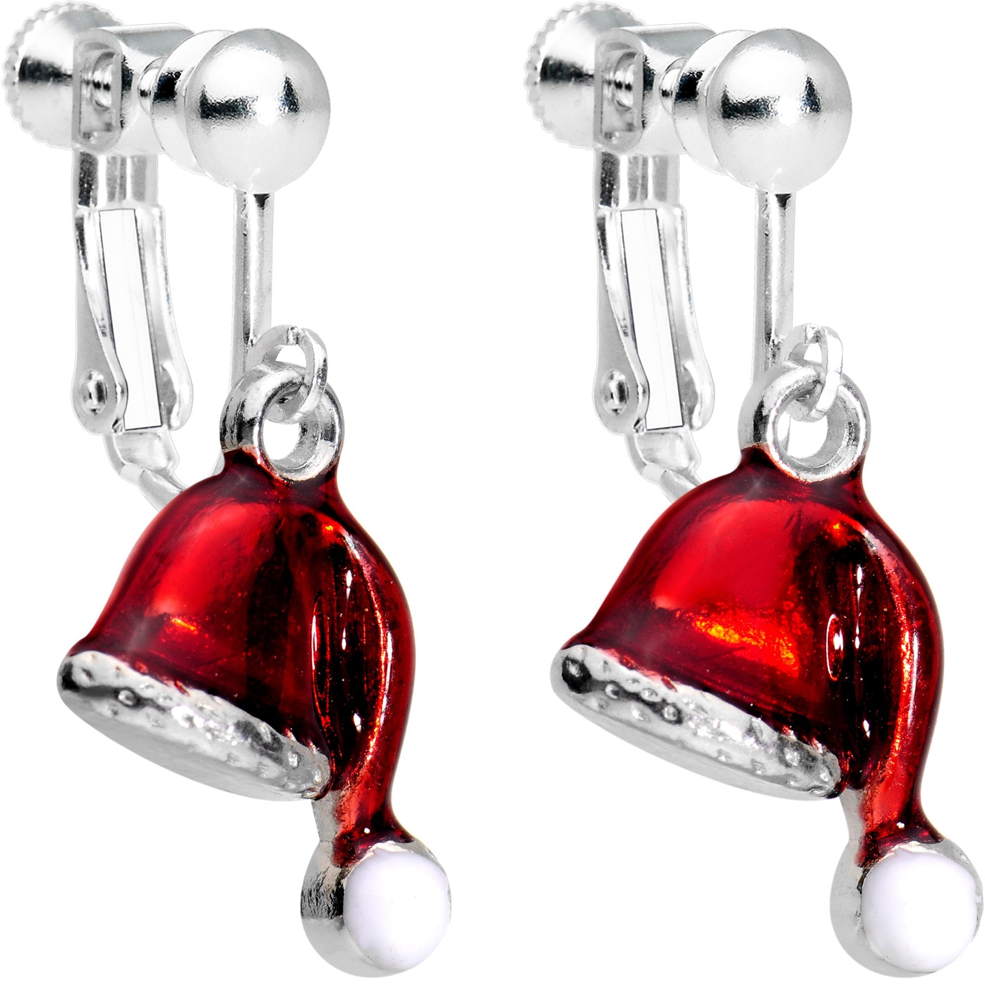 Silver Plated Red Santa Cap Christmas Clip On Earrings