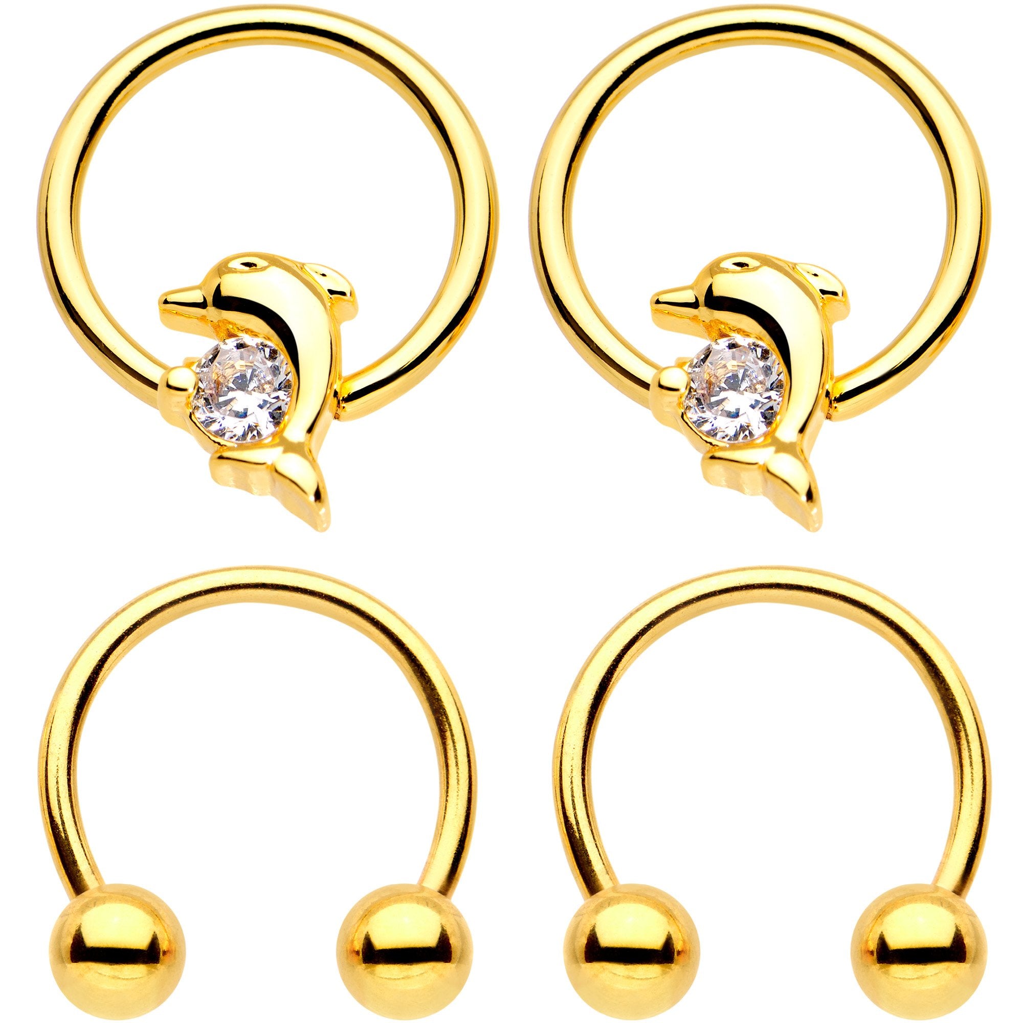 16 Gauge Clear Gem Gold Tone Dolphin Horseshoe Captive Ring Nipple Set