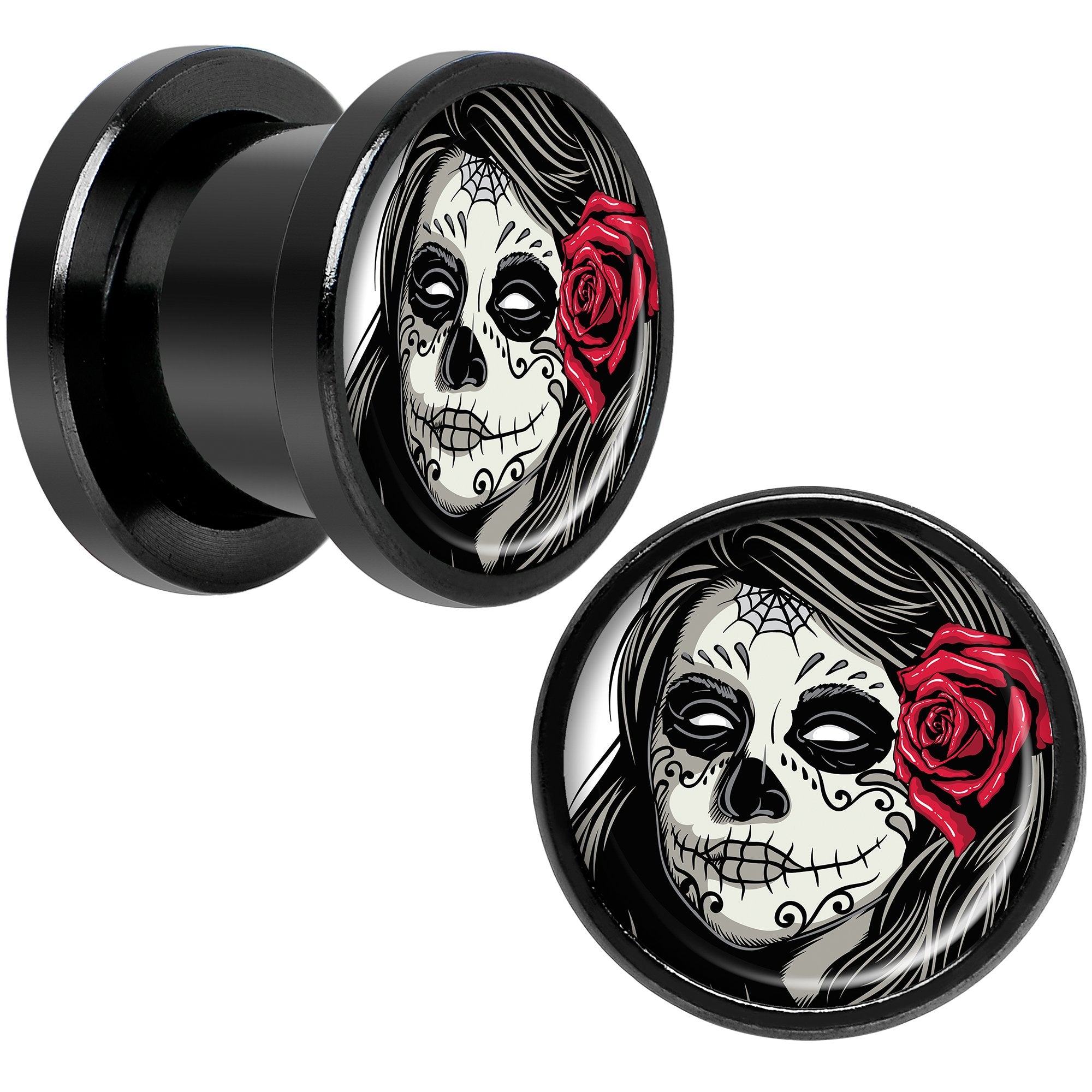 Katrina Sugar Skull Rose Flower Black Anodized Screw Fit Plug Set 00 Gauge