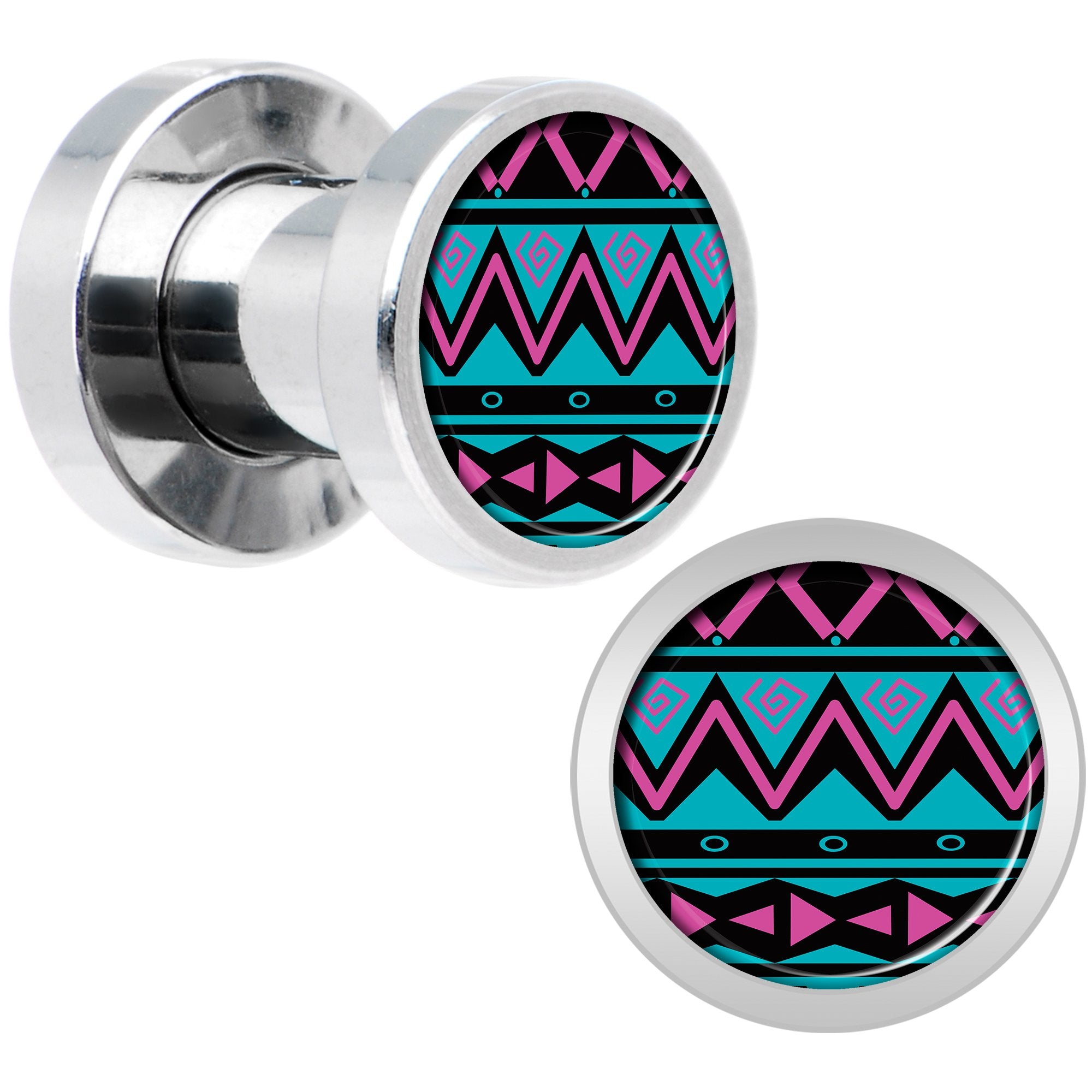 Pink Teal Tribal Print Steel Screw Fit Plug Set 4 Gauge