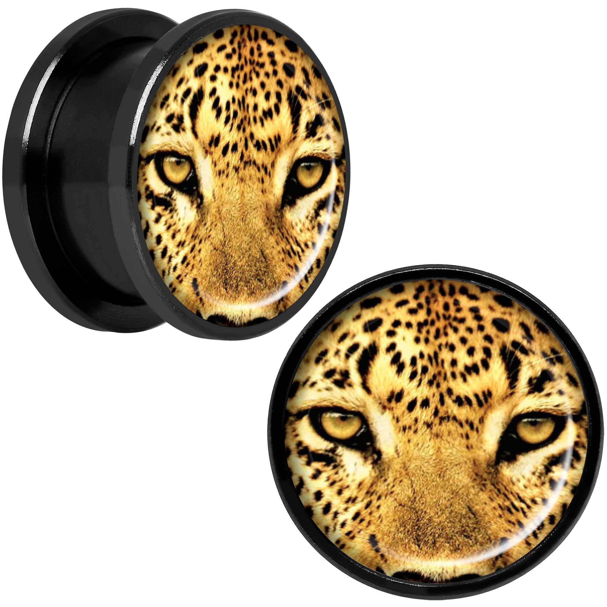 Full Color Leopard Eyes Black Anodized Screw Fit Plug Set 5/8