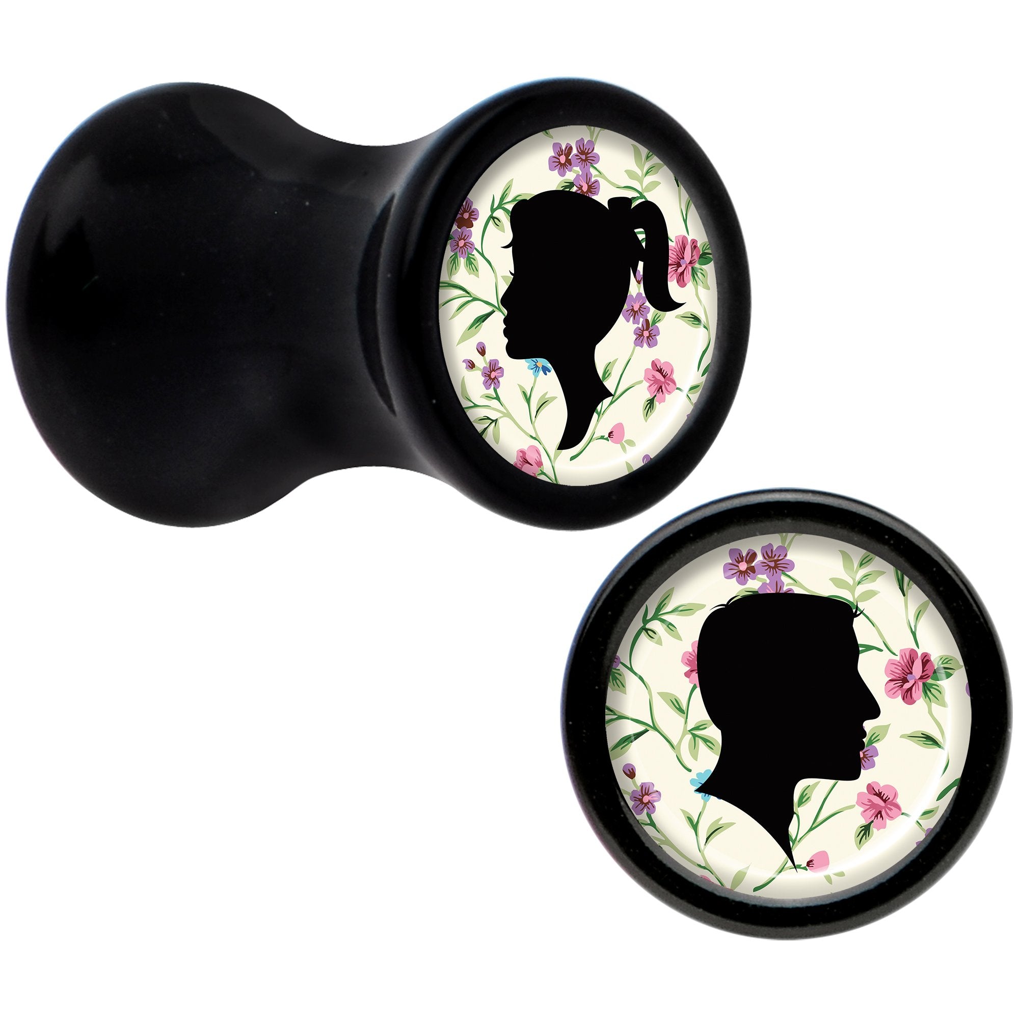 Black Acrylic Man Woman Floral Silhouette Saddle Plug Set 4 Gauge