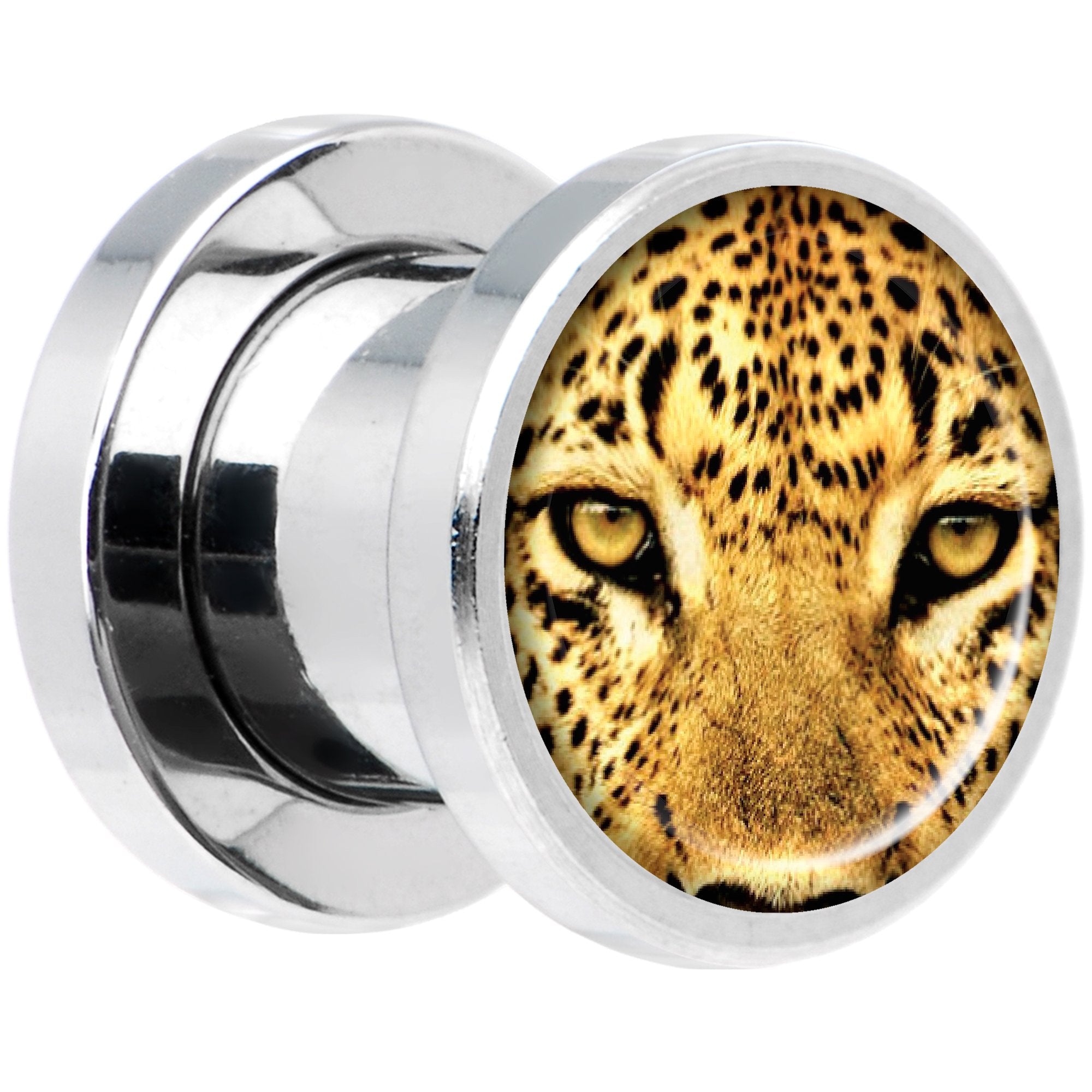 Full Color Leopard Eyes Steel Screw Fit Plug Set 0 Gauge