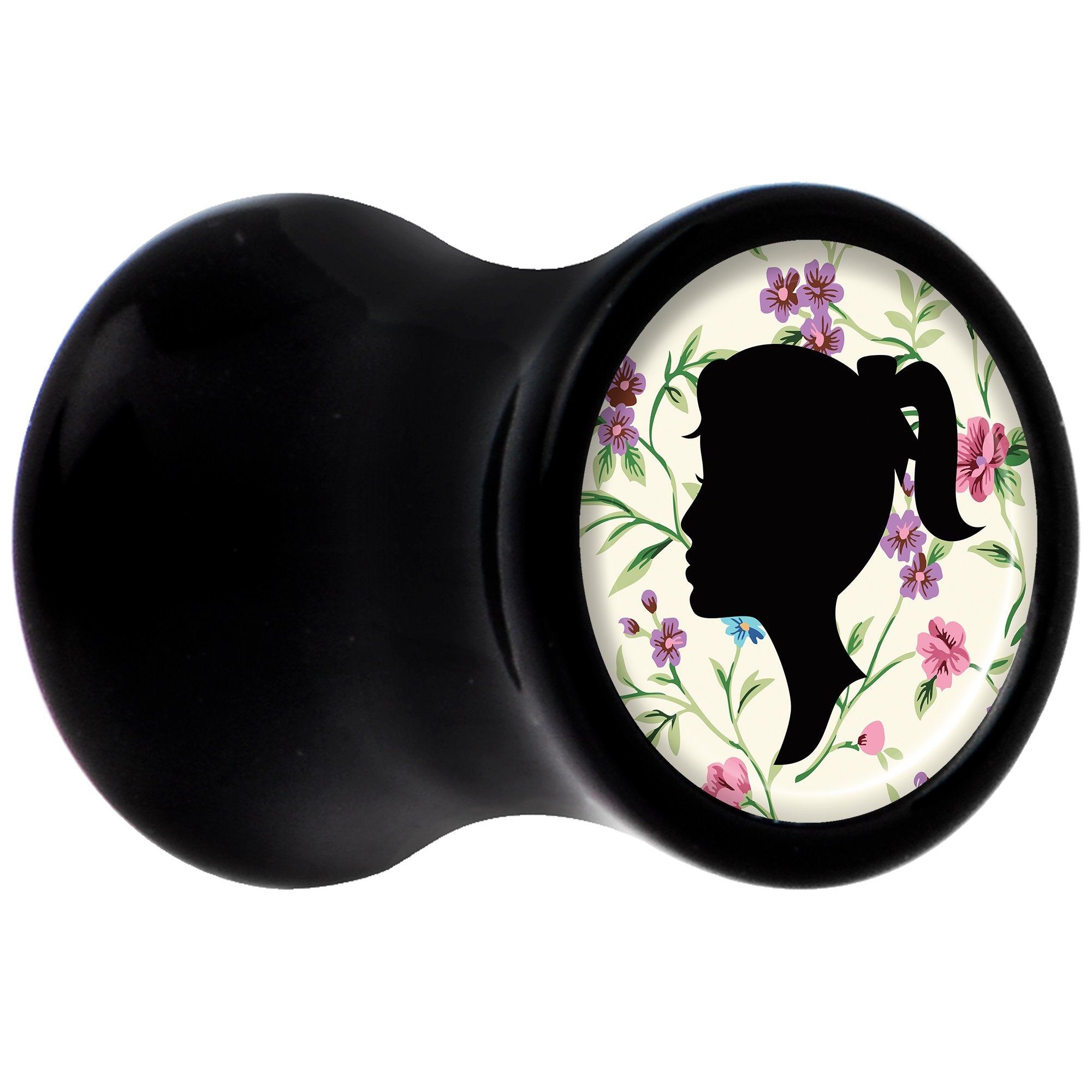 Black Acrylic Man Woman Floral Silhouette Saddle Plug Set 2 Gauge