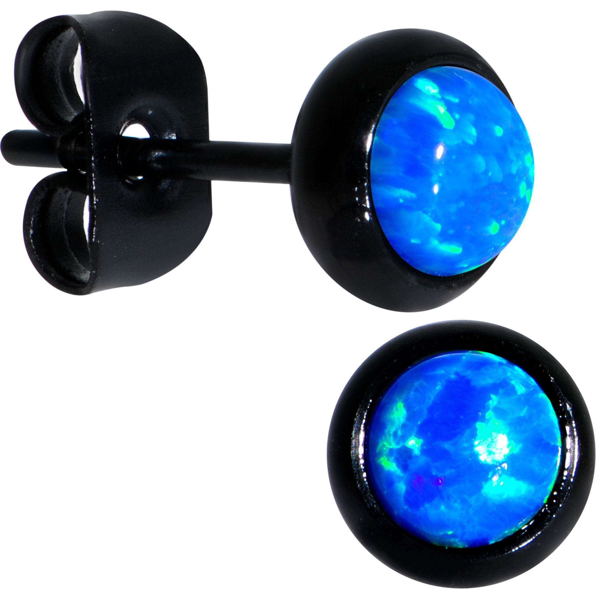 Blue Synthetic Opal Black IP 316L Surgical Steel Stud Earrings