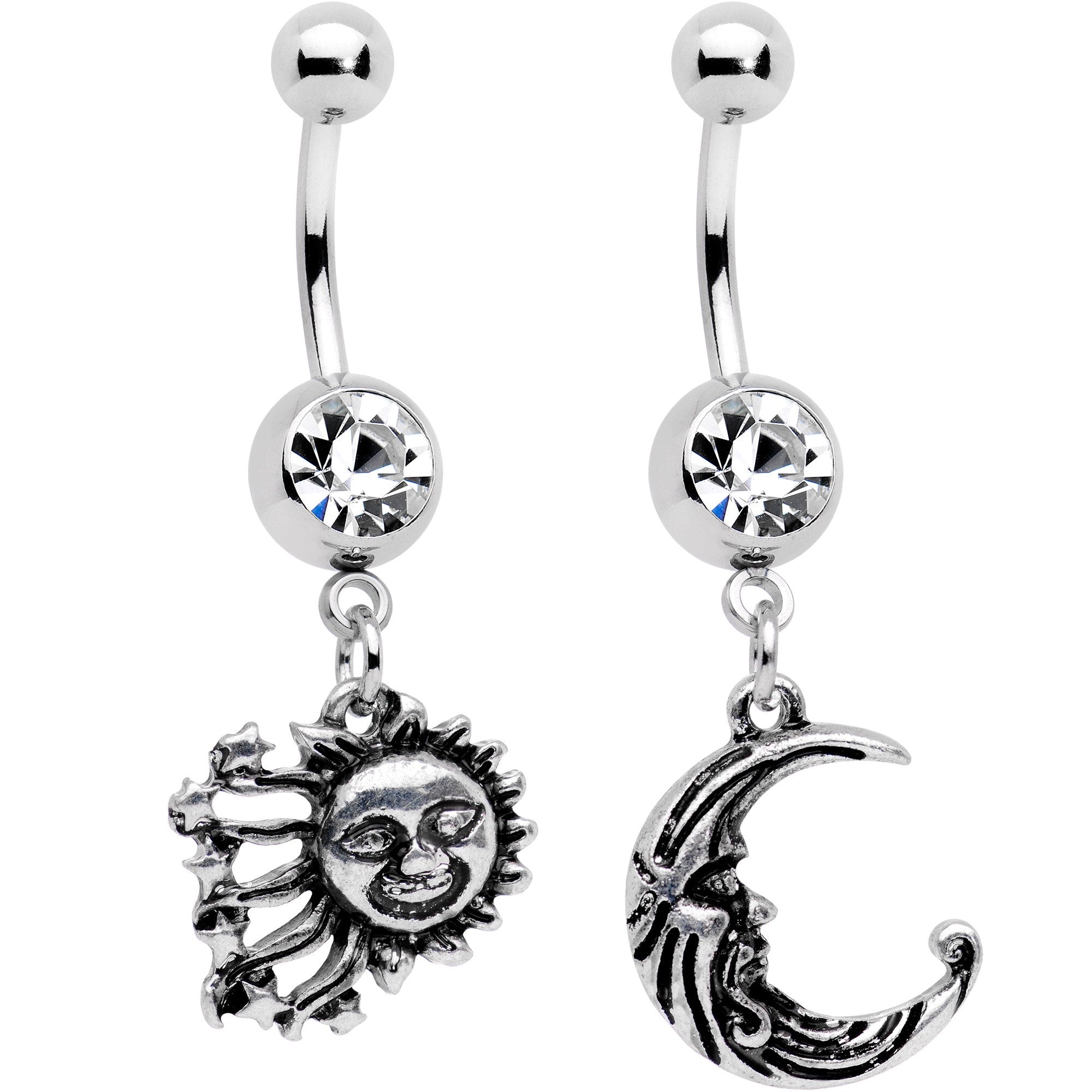 Clear Gem Mrs Sun and Mr Moon Dangle Belly Ring Set of 2