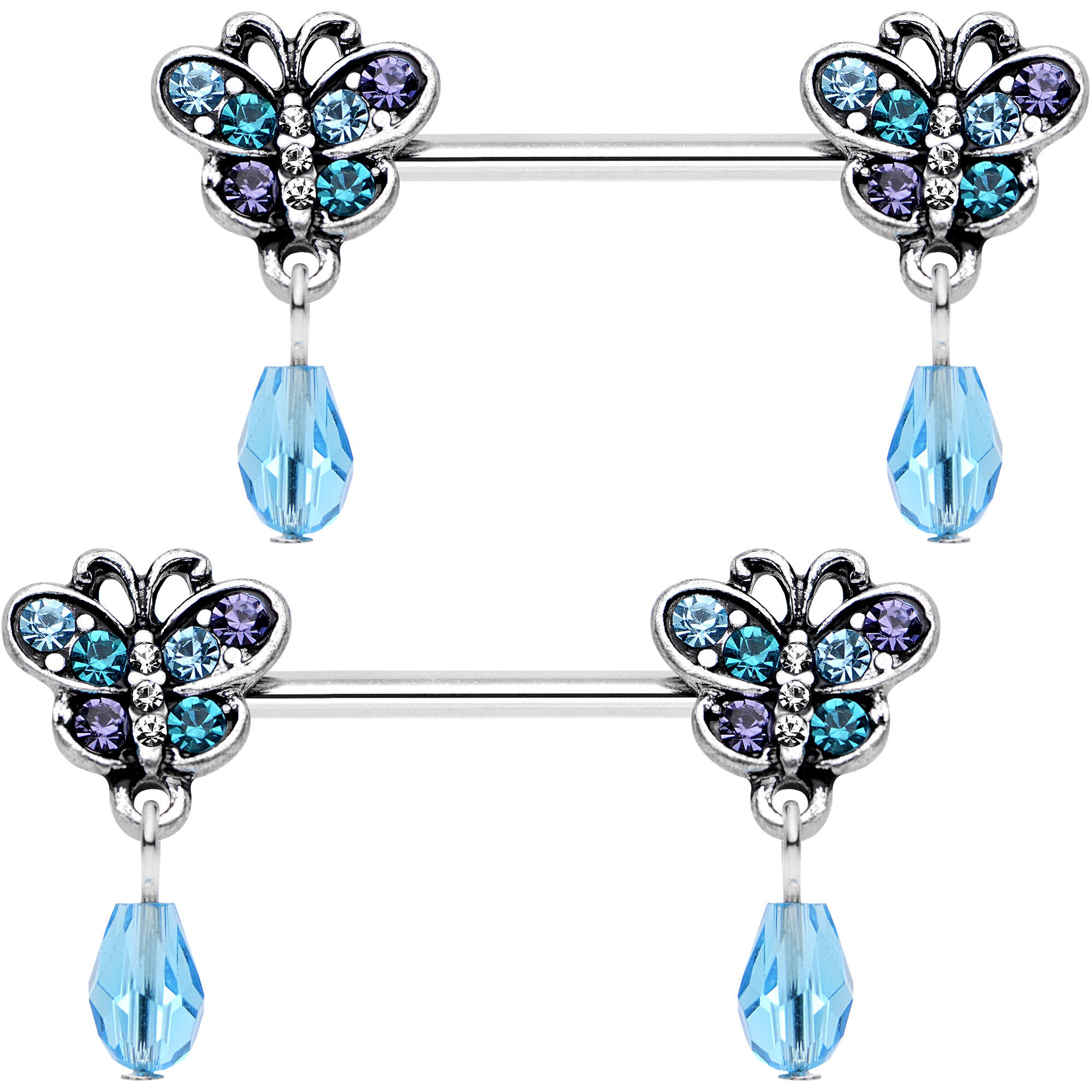 9/16 Aqua Purple Gem Butterfly Dangle Barbell Nipple Ring Set