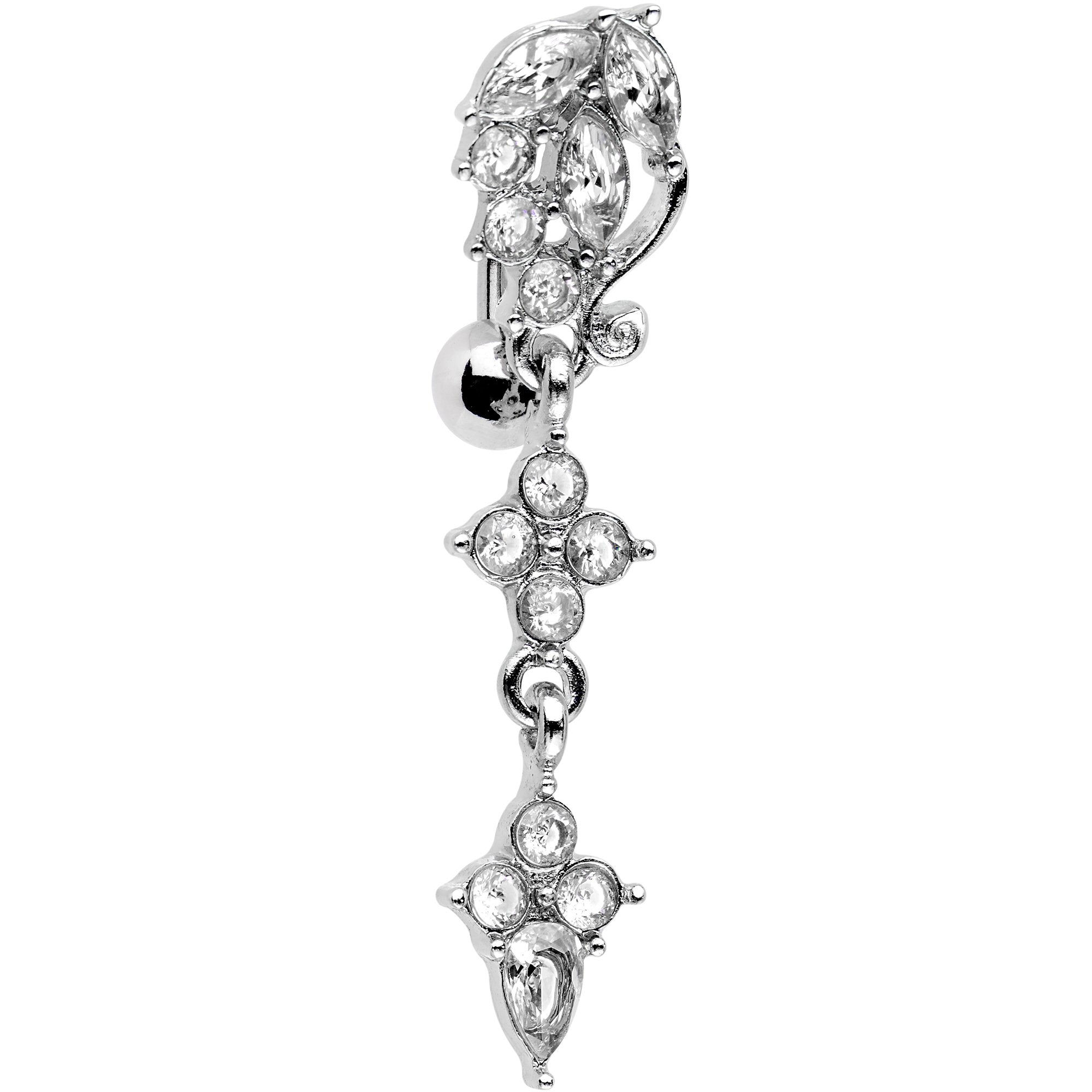 Clear Gem Leafy Vine Top Mount Dangle Belly Ring